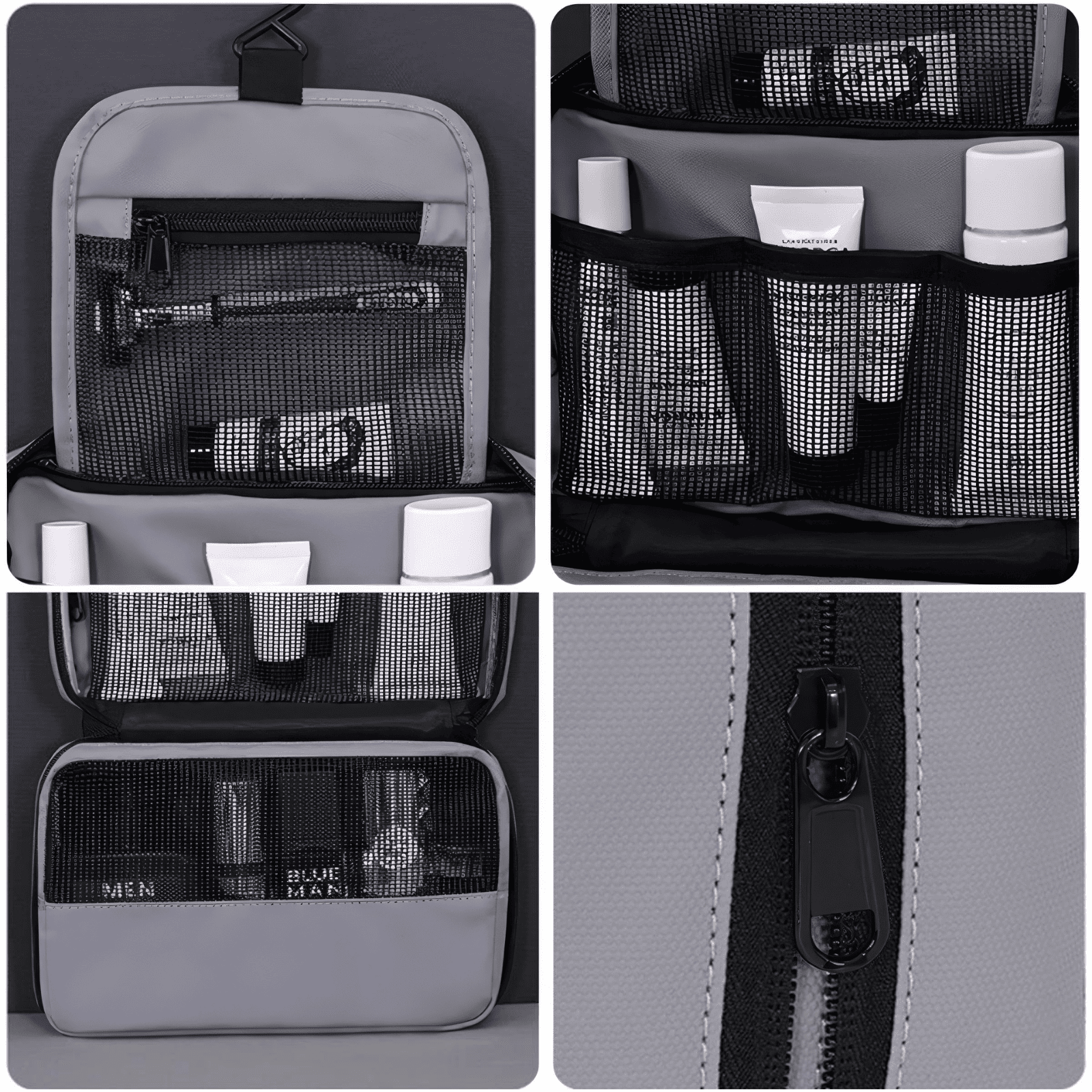 trousse de toilette homme à suspendre grise avec poches et fermeture