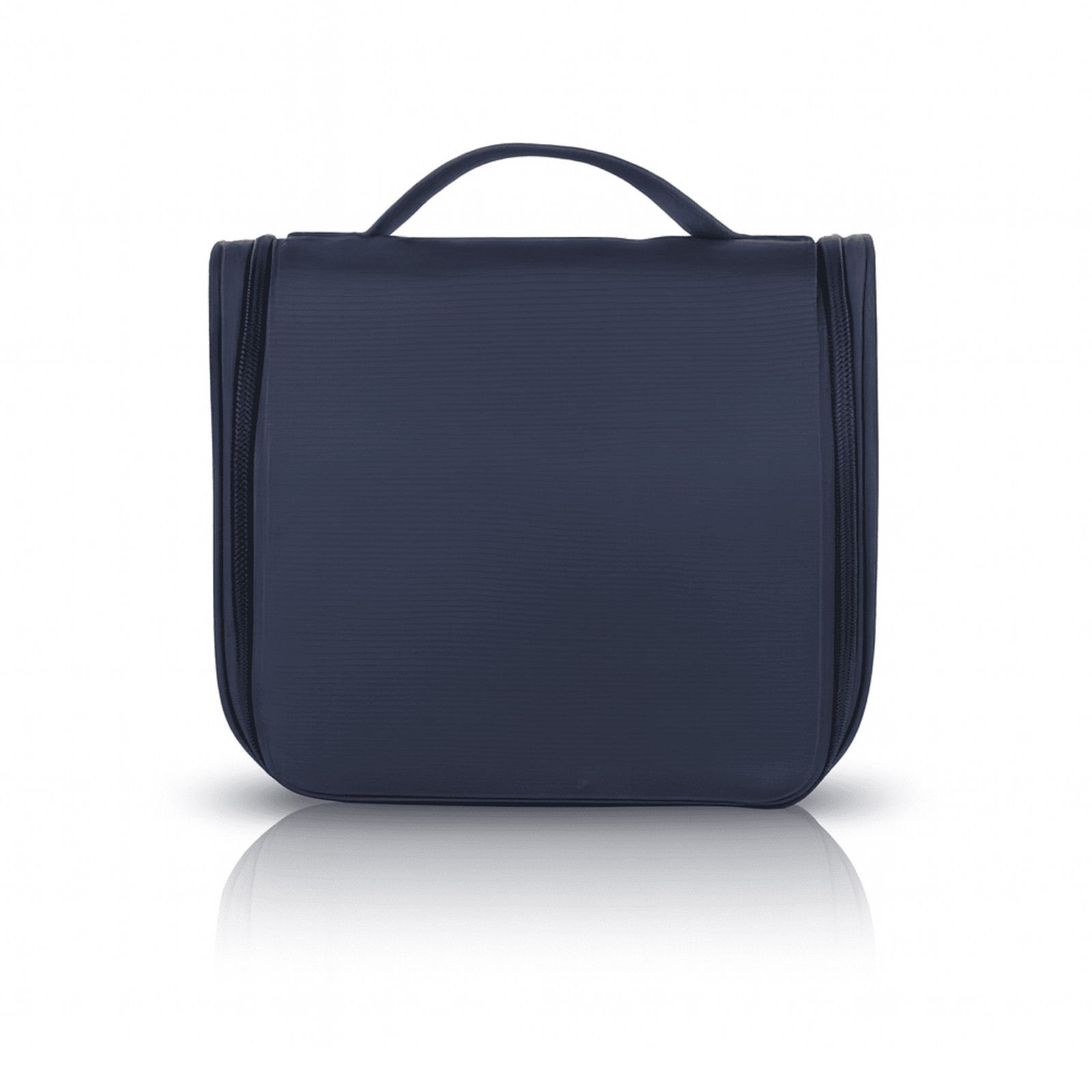 Trousse de toilette homme bleue avec poignée et design compact, idéale pour le voyage.