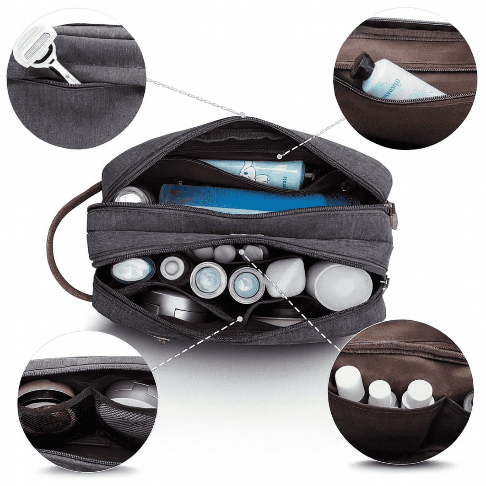 Trousse de toilette homme compacte ouverte, avec multiples compartiments intérieurs pour rasoir, gel douche et accessoires de voyage.
