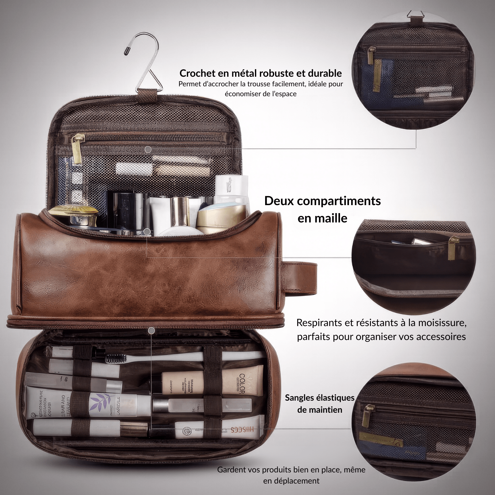 Trousse de toilette homme cuir à suspendre avec compartiments en maille et crochets