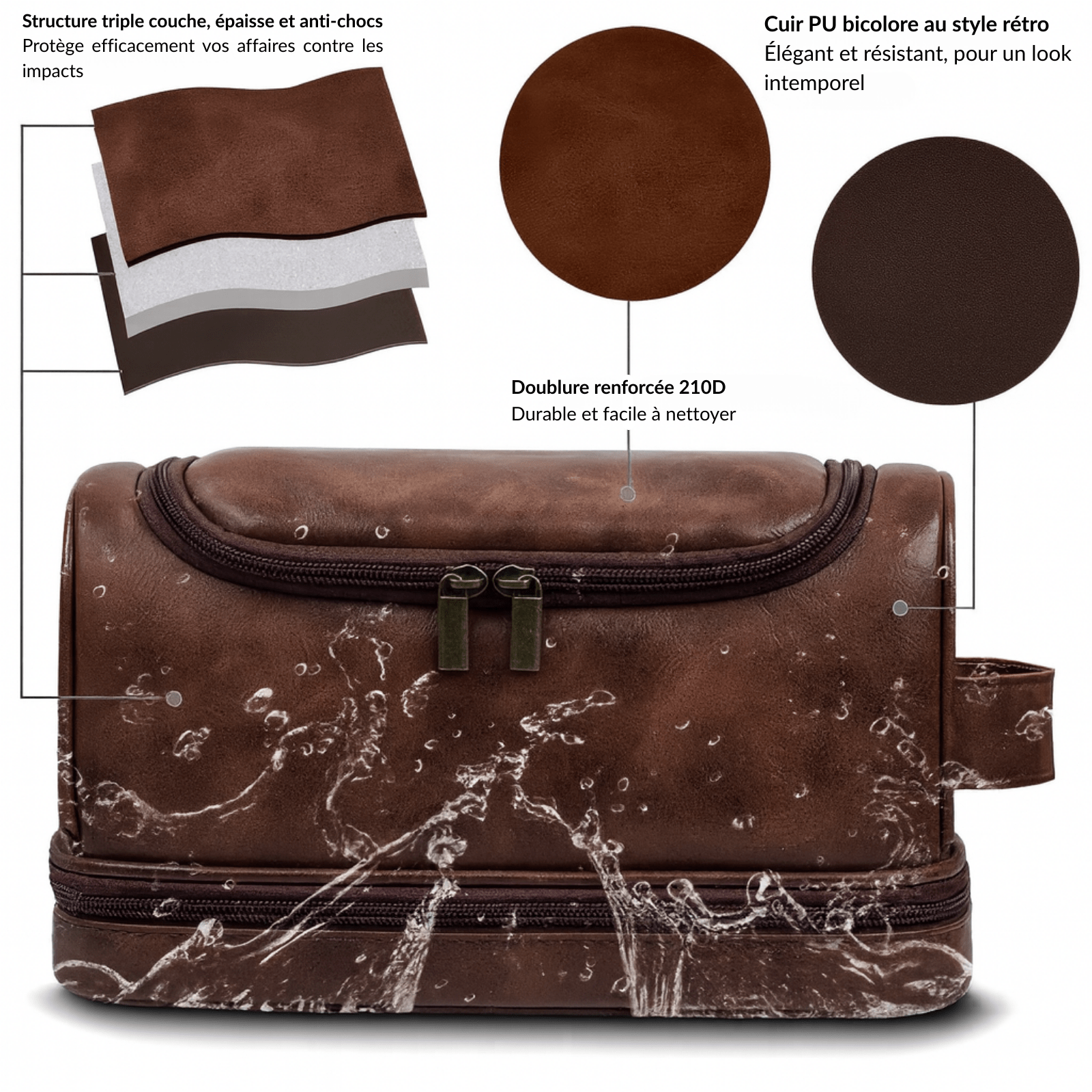 Trousse de toilette homme cuir à suspendre étanche et résistante