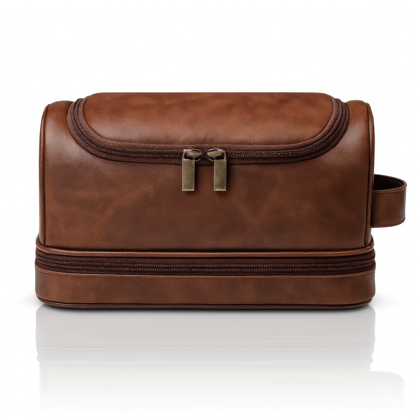 Trousse de toilette homme cuir à suspendre marron vue de face avec double fermeture éclair