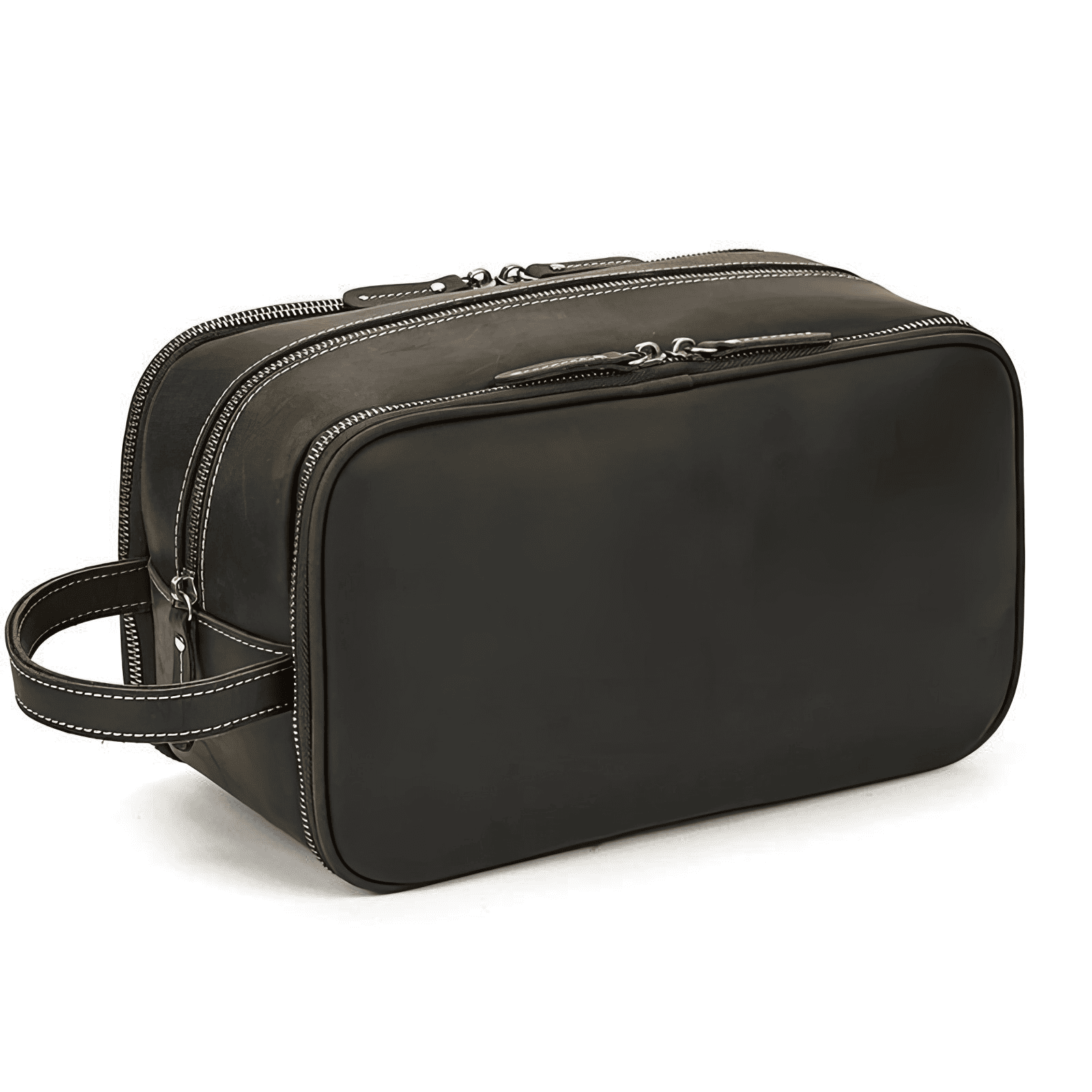 Trousse de toilette homme cuir luxe marron foncé vue en angle droit, finitions premium et style raffiné.