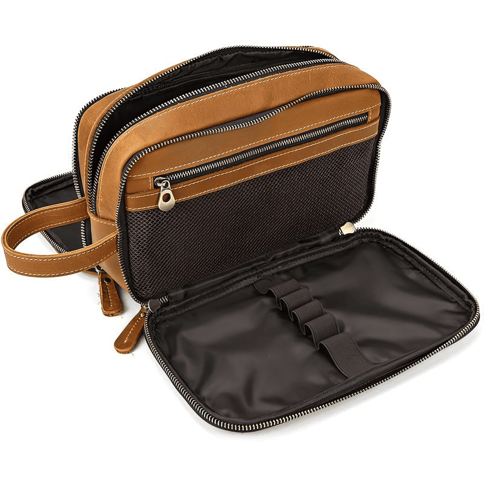 Trousse de toilette homme cuir luxe marron clair ouverte, grands compartiments avec poches en filet et doublure imperméable.