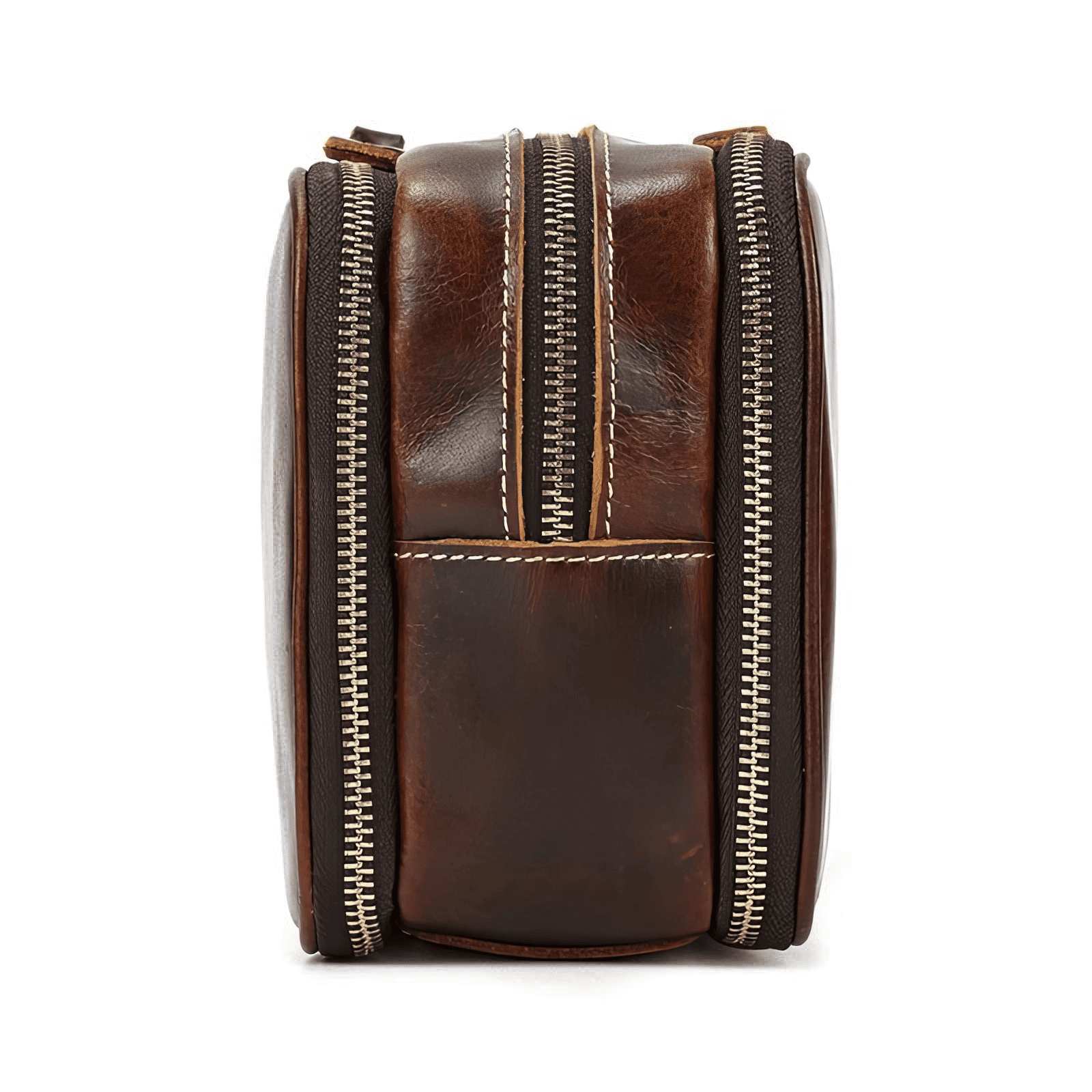 Trousse de toilette homme cuir luxe marron rouge vue du côté opposé, cuir brillant et finitions de qualité artisanale.