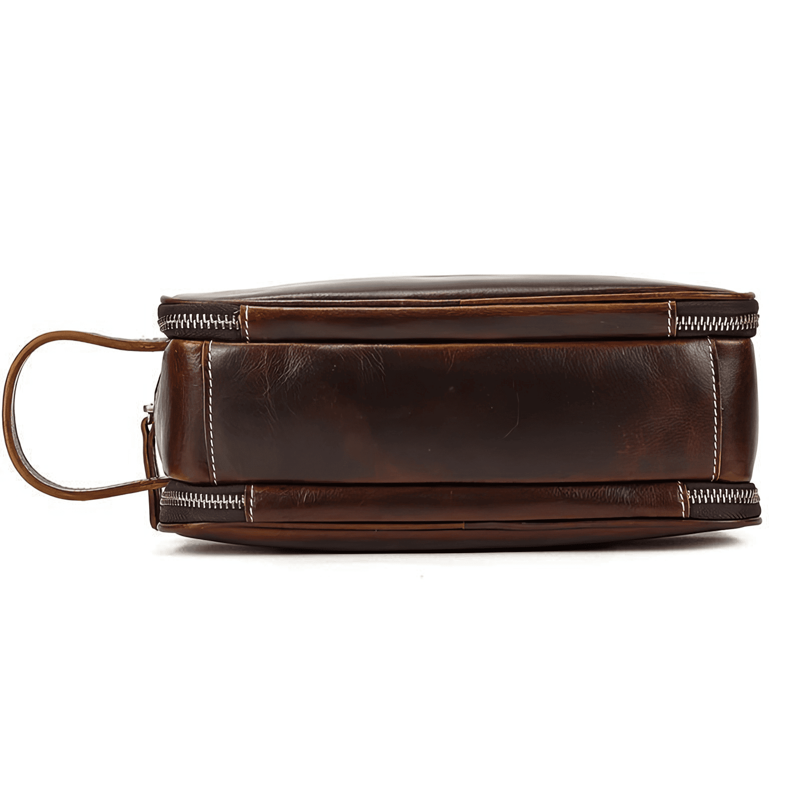 Trousse de toilette homme cuir luxe marron rouge vue de dessous, base renforcée et couture apparente élégante.