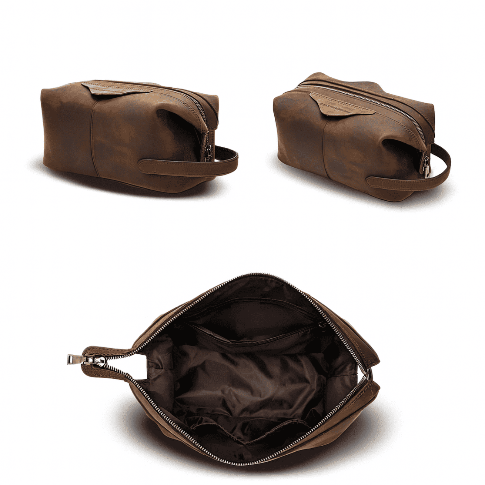 Trousse de toilette homme cuir vintage ouverte, intérieur doublé en tissu marron avec poches de rangement.