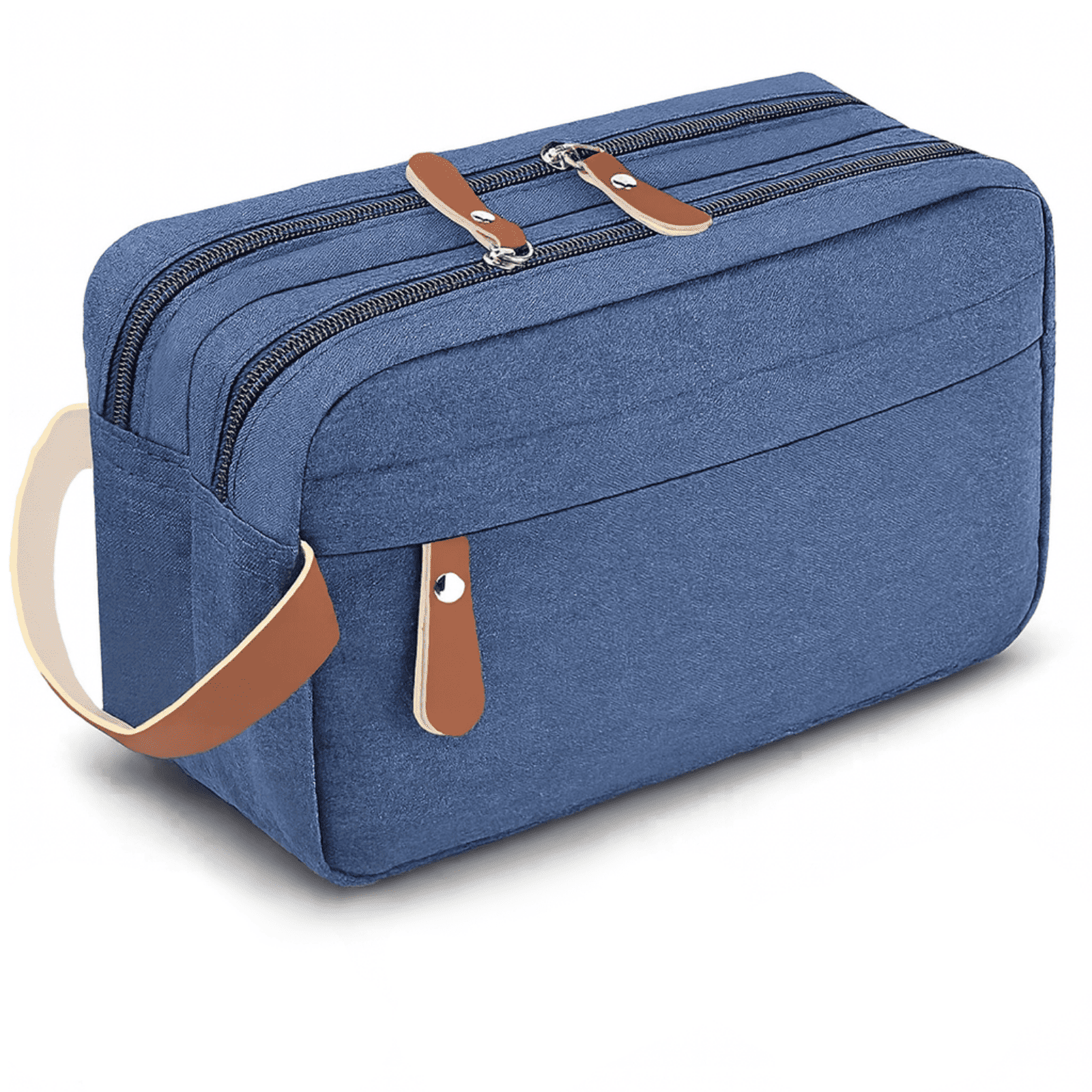 Trousse de toilette homme double zip bleu avec anses en cuir, design élégant et grande capacité