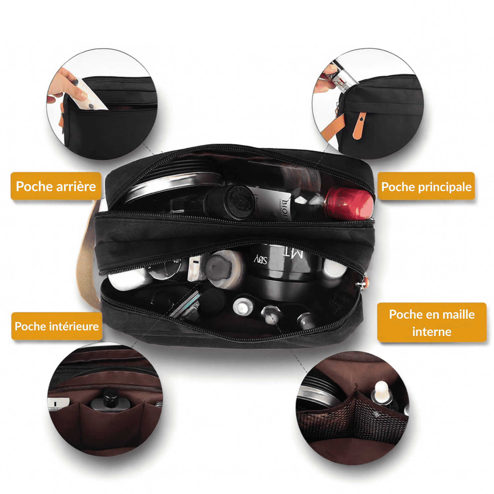 Intérieur de trousse de toilette homme double zip avec poches, rangements et fermeture éclair