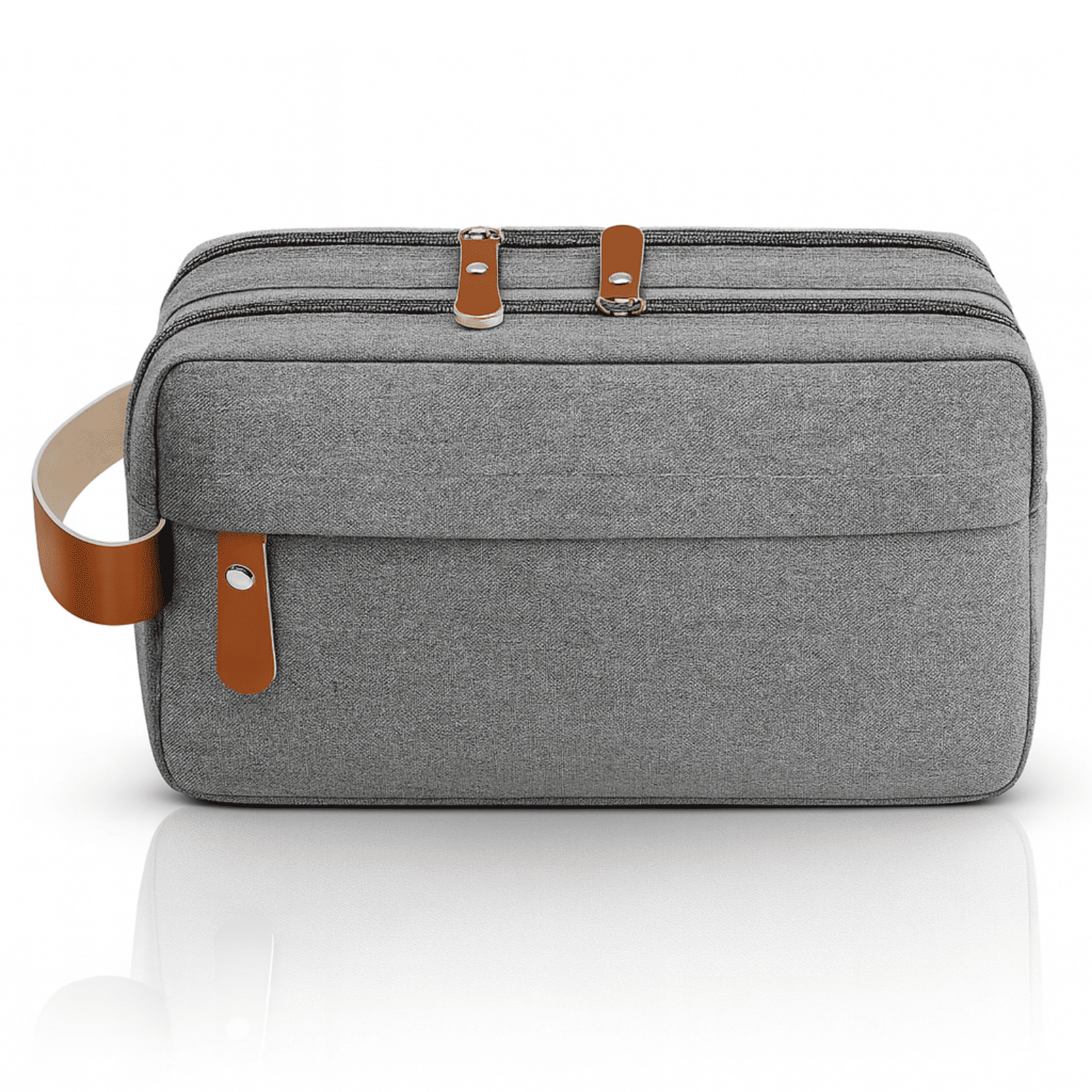 Vue de face d’une trousse de toilette homme double zip en tissu imperméable avec anse latérale