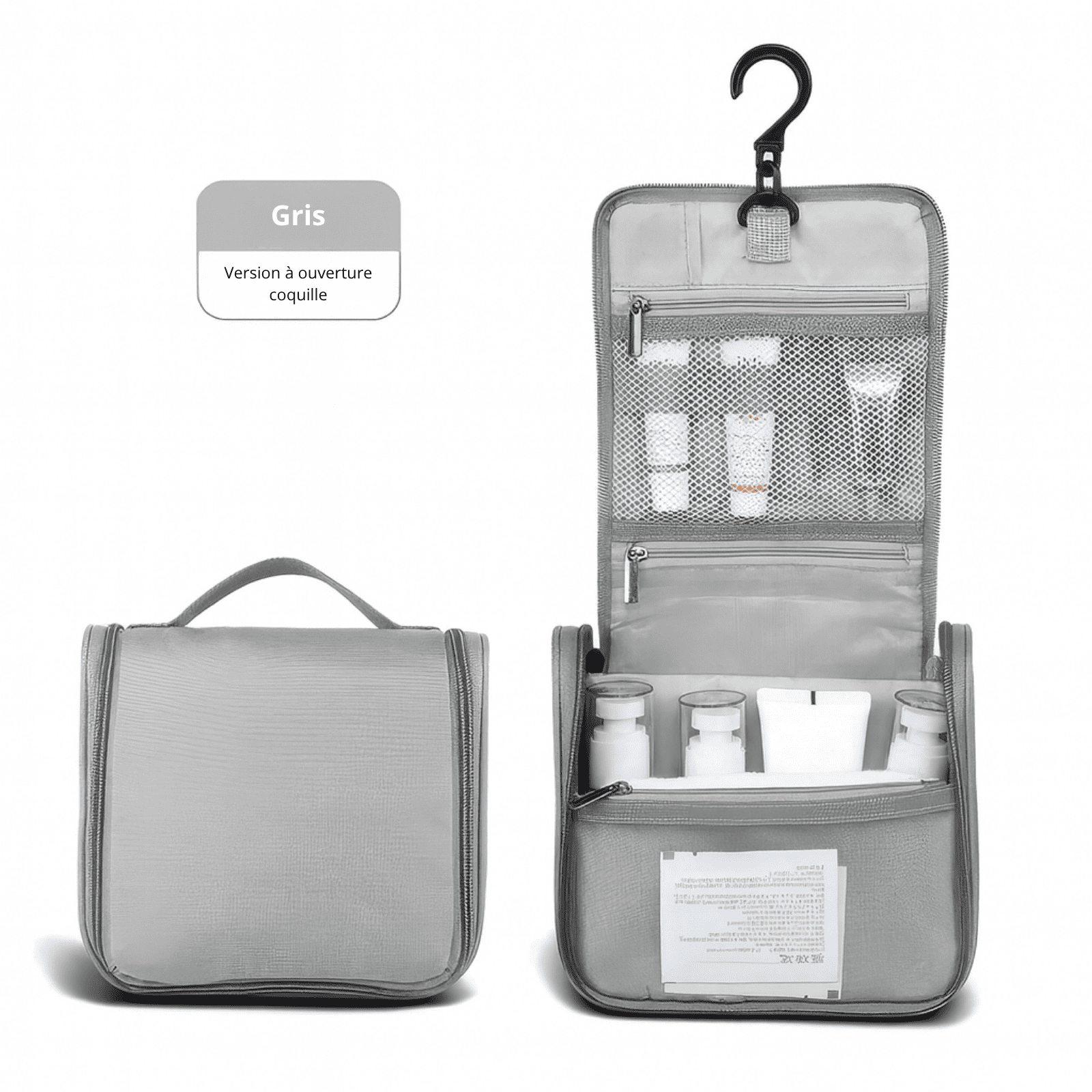 Trousse de toilette homme grise à ouverture coquille, avec crochet de suspension et poches de rangement.