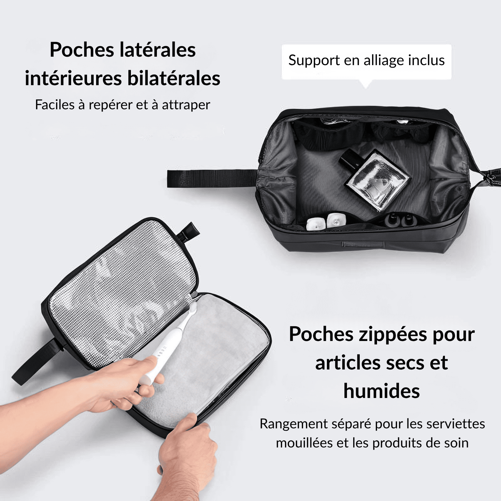 Trousse de toilette homme haut de gamme avec poches intérieures bilatérales et compartiments zippés pour articles secs et humides.