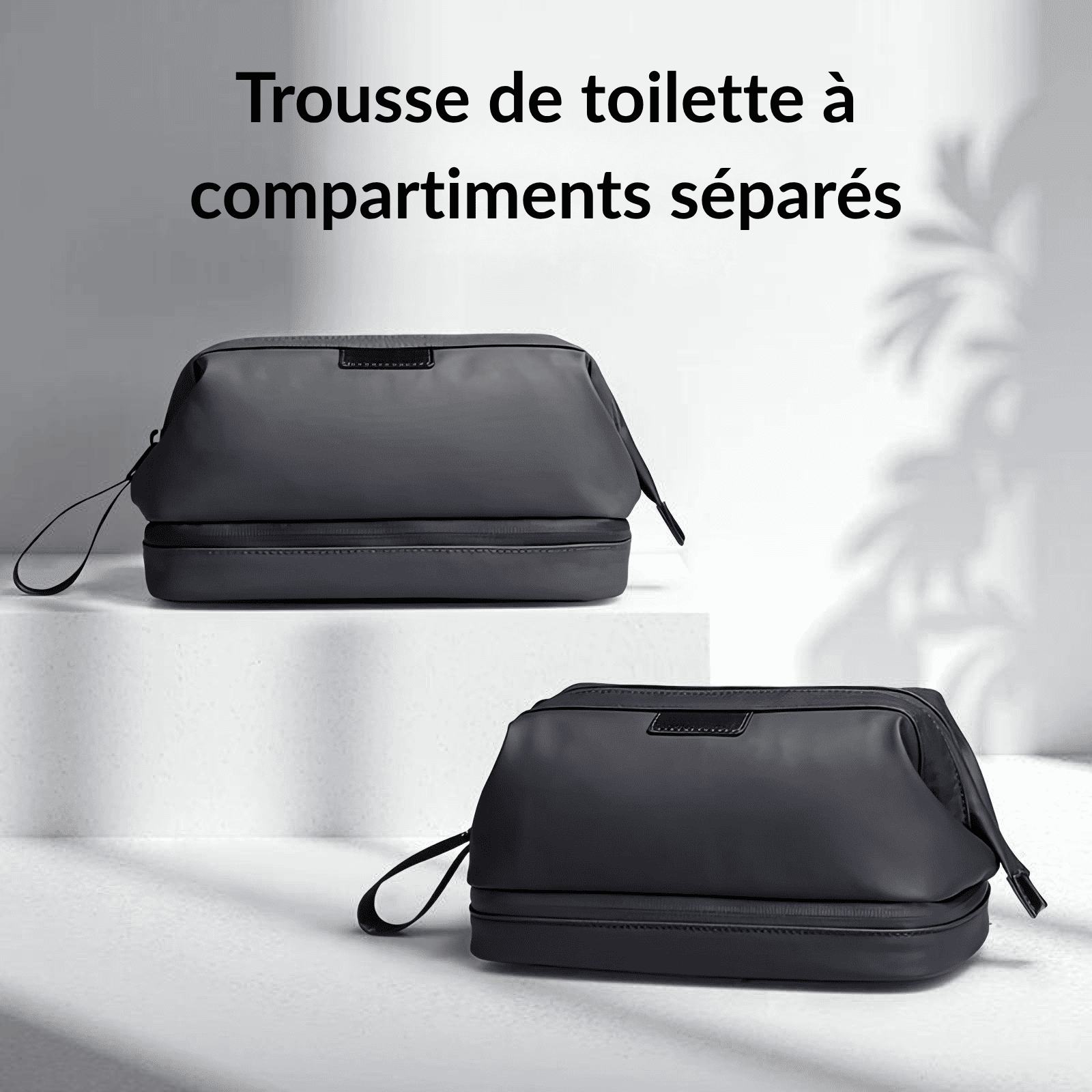 Deux trousses de toilette homme haut de gamme noires à compartiments séparés, présentées sur fond clair minimaliste.