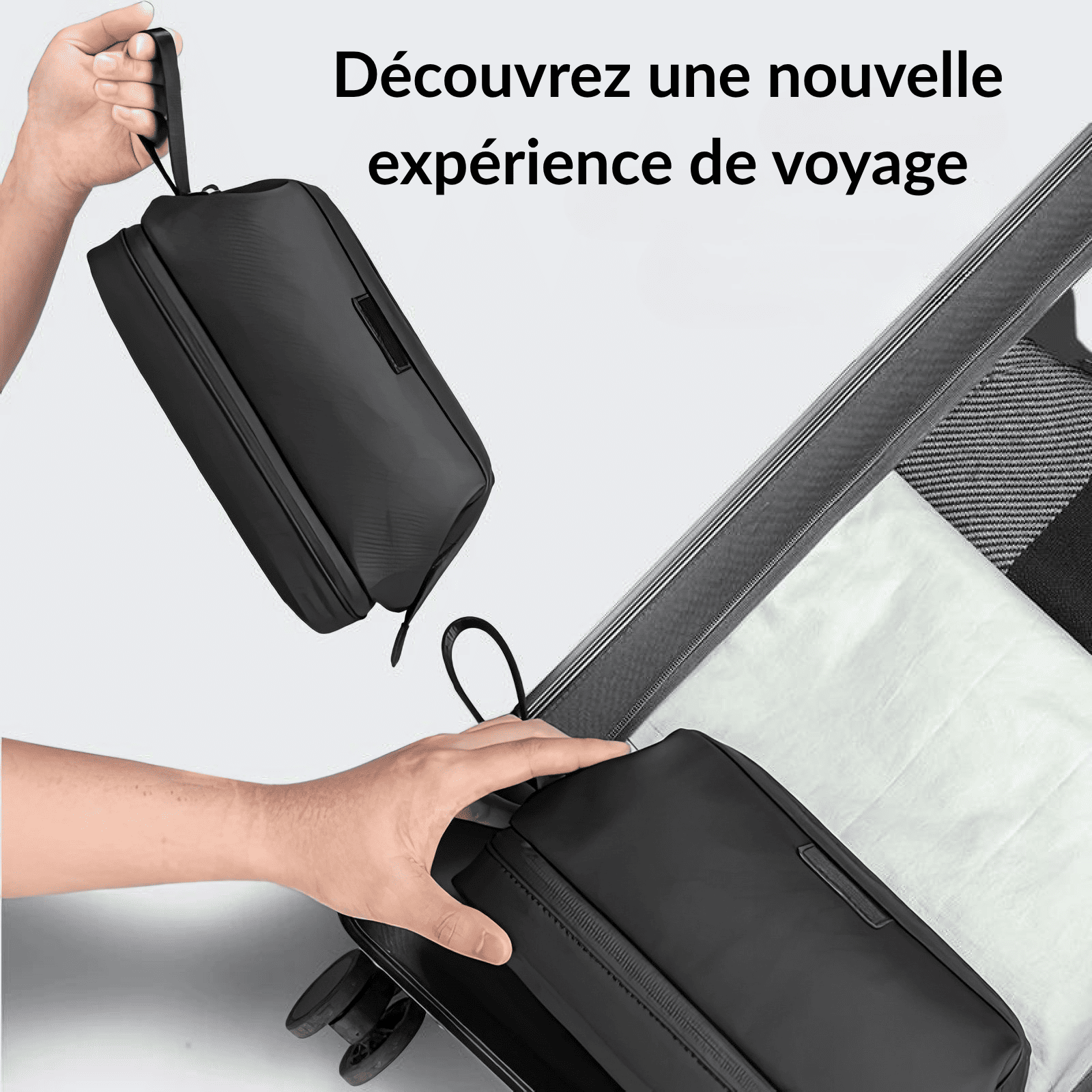 Trousse de toilette homme haut de gamme noire facile à ranger dans une valise, idéale pour les voyages.