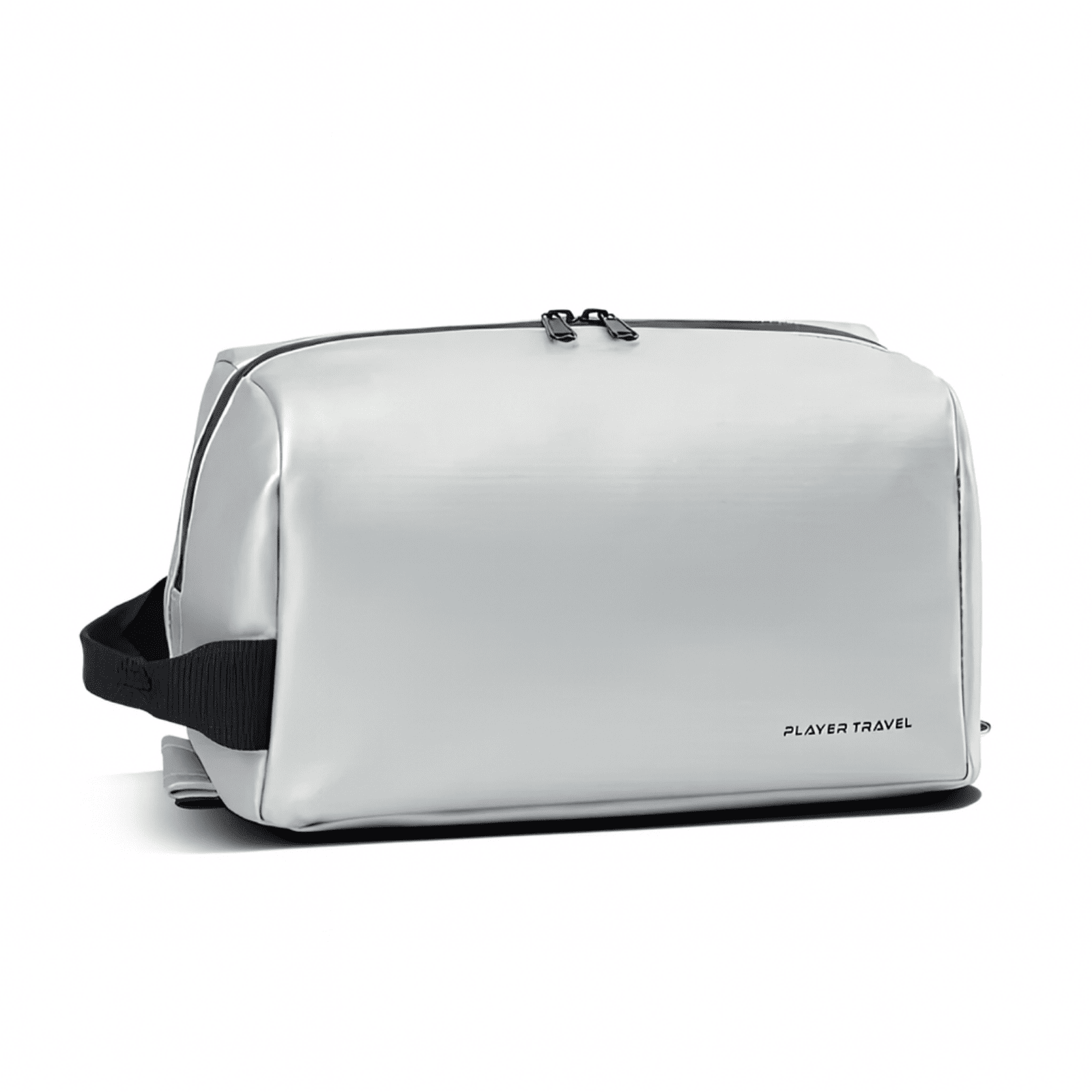 Trousse de toilette homme imperméable argent Player Travel, matière lisse et moderne avec poignées noires contrastées.