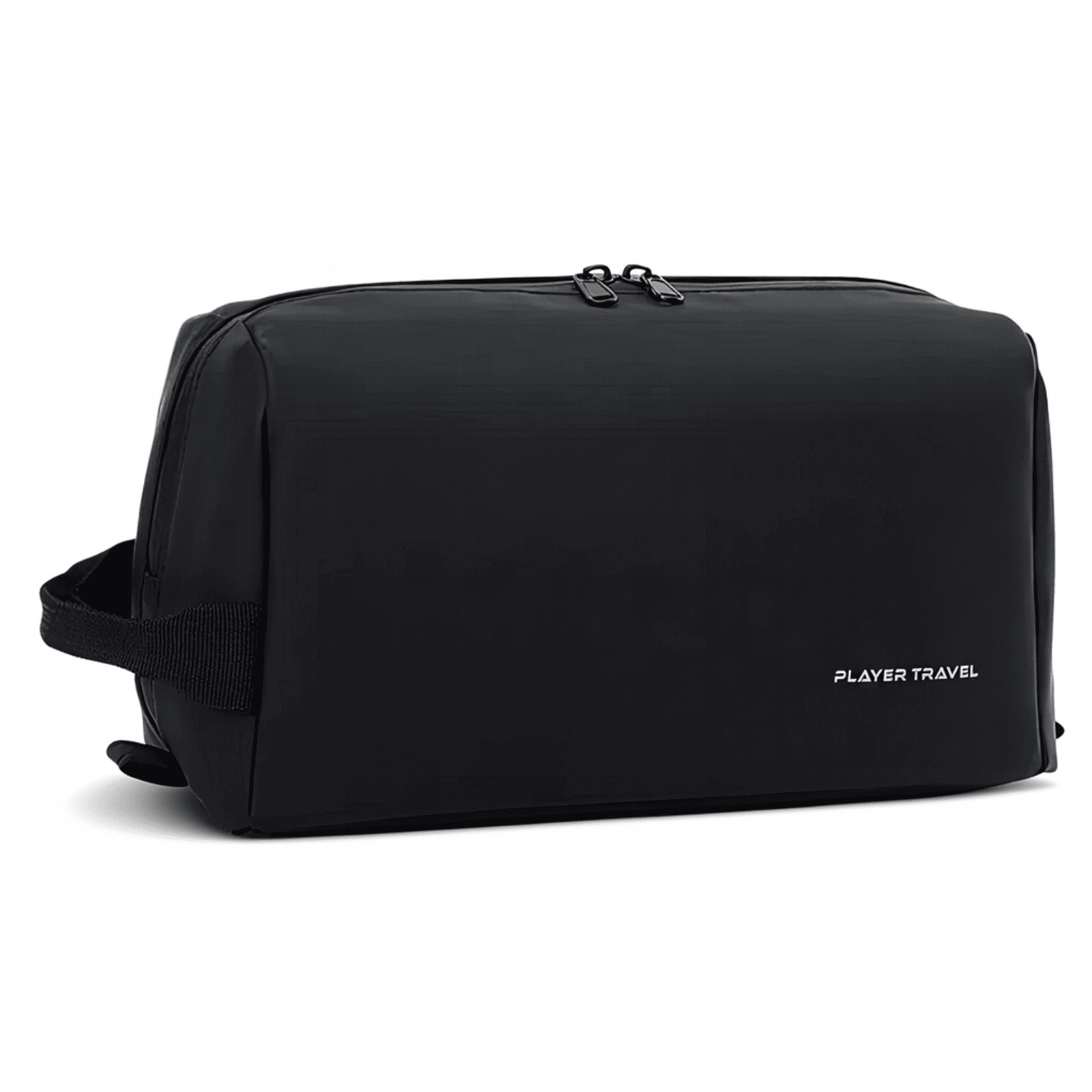 Trousse de toilette homme imperméable noire Player Travel vue en angle, fermeture zippée double et poignée latérale renforcée.