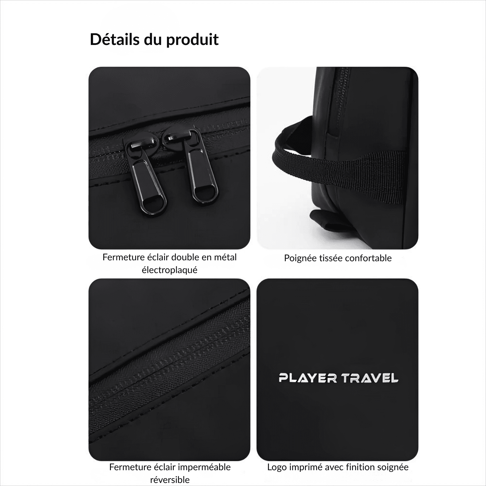Détails de la trousse de toilette homme imperméable noire Player Travel : fermetures éclair métalliques, poignée tissée et logo imprimé.