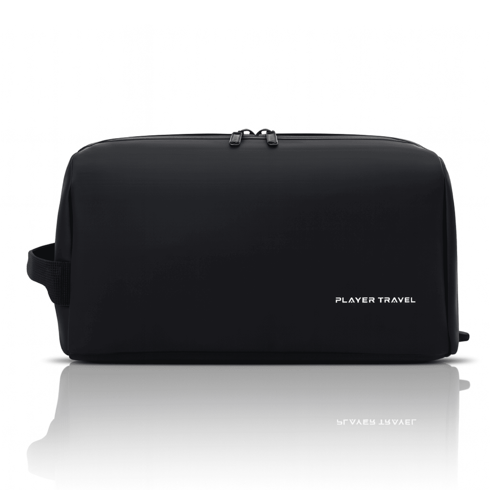 Trousse de toilette homme imperméable noire Player Travel vue de face, design minimaliste et logo blanc discret.