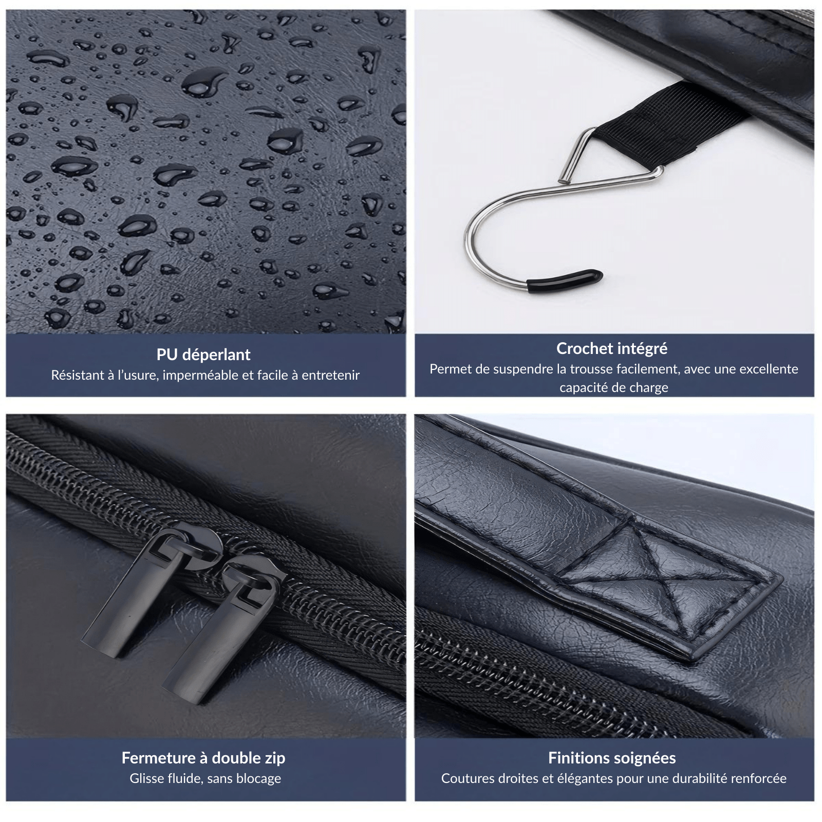 Trousse de toilette homme simili cuir 60 avec détails : crochet, fermeture éclair double, coutures solides