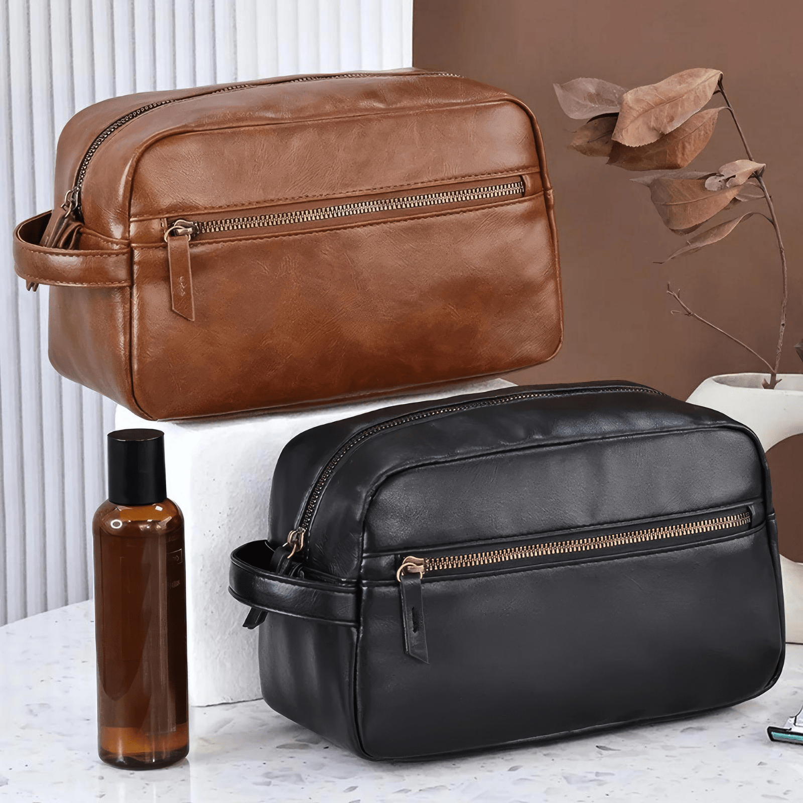 Trousse de toilette homme simili cuir noir et marron pour voyage élégantes et pratiques