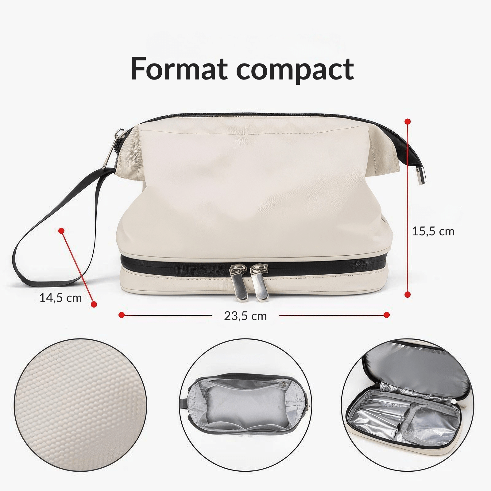 Trousse de toilette homme sport beige format compact avec double compartiment et intérieur étanche.