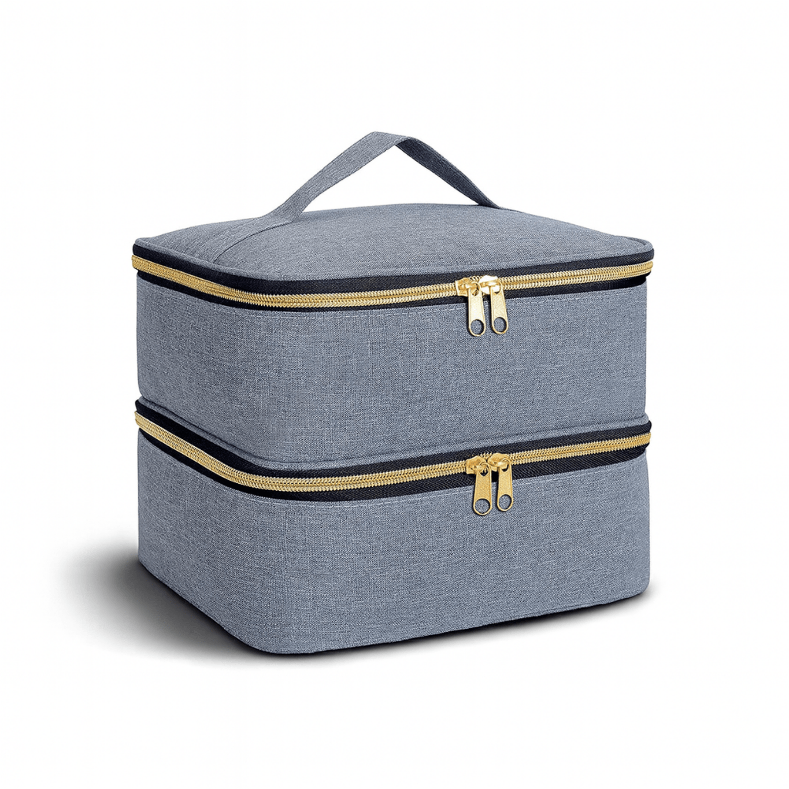 Trousse de toilette femme 2 compartiments grise avec poignée et deux niveaux de rangement