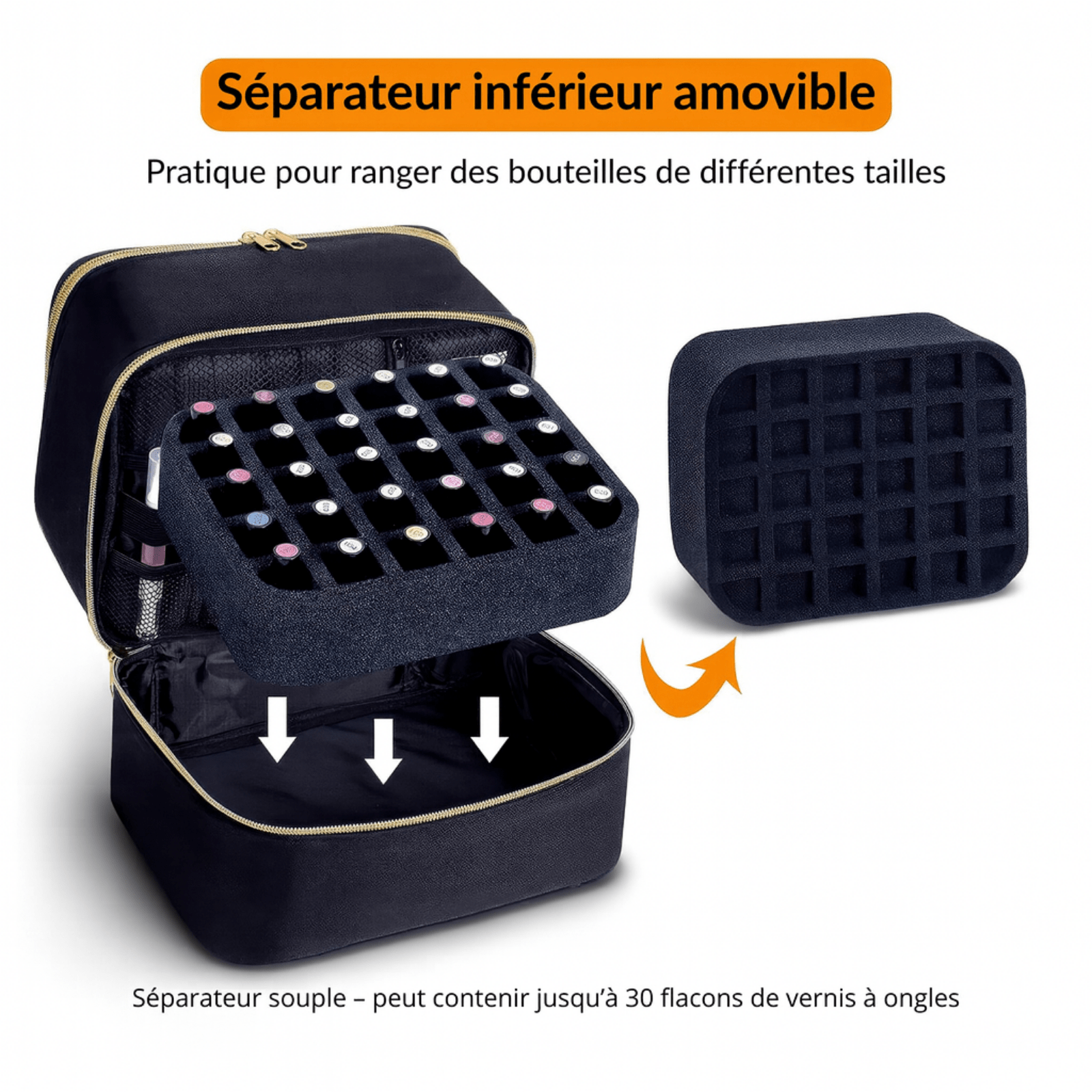 Trousse de toilette femme 2 compartiments avec séparateur inférieur amovible pour vernis à ongles