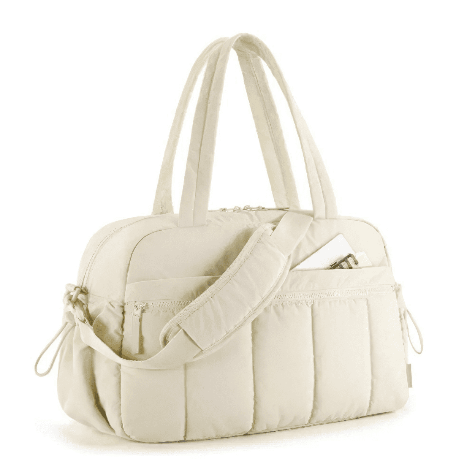 Vue latérale de la trousse de toilette femme fantaisie beige avec bandoulière ajustable