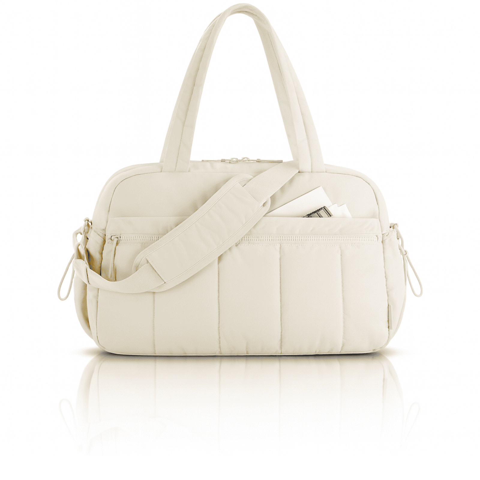 Trousse de toilette femme fantaisie beige avec grande poche avant et bandoulière