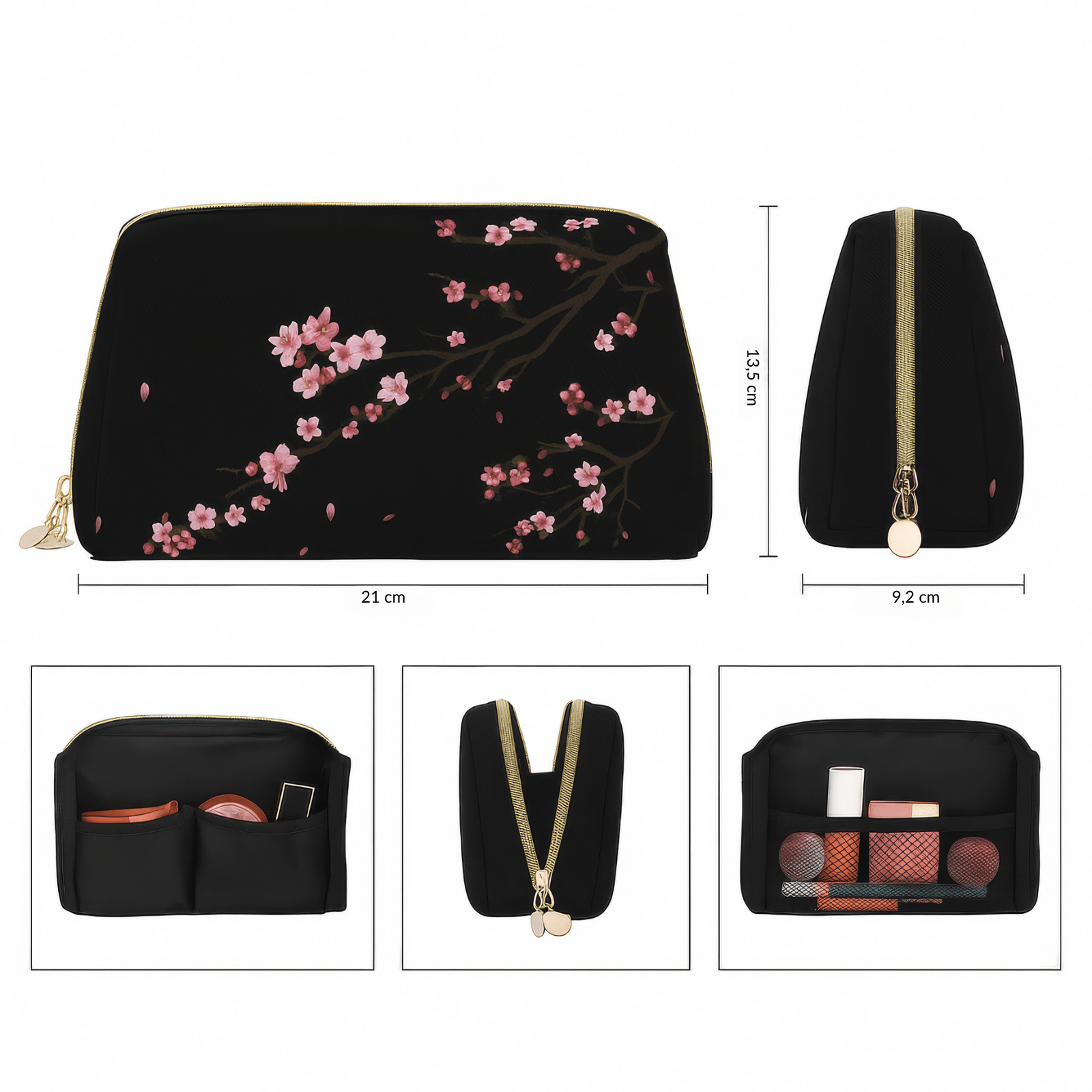Trousse de toilette femme fleurie noire 21 x 13,5 x 9,2 cm avec poches intérieures pour maquillage