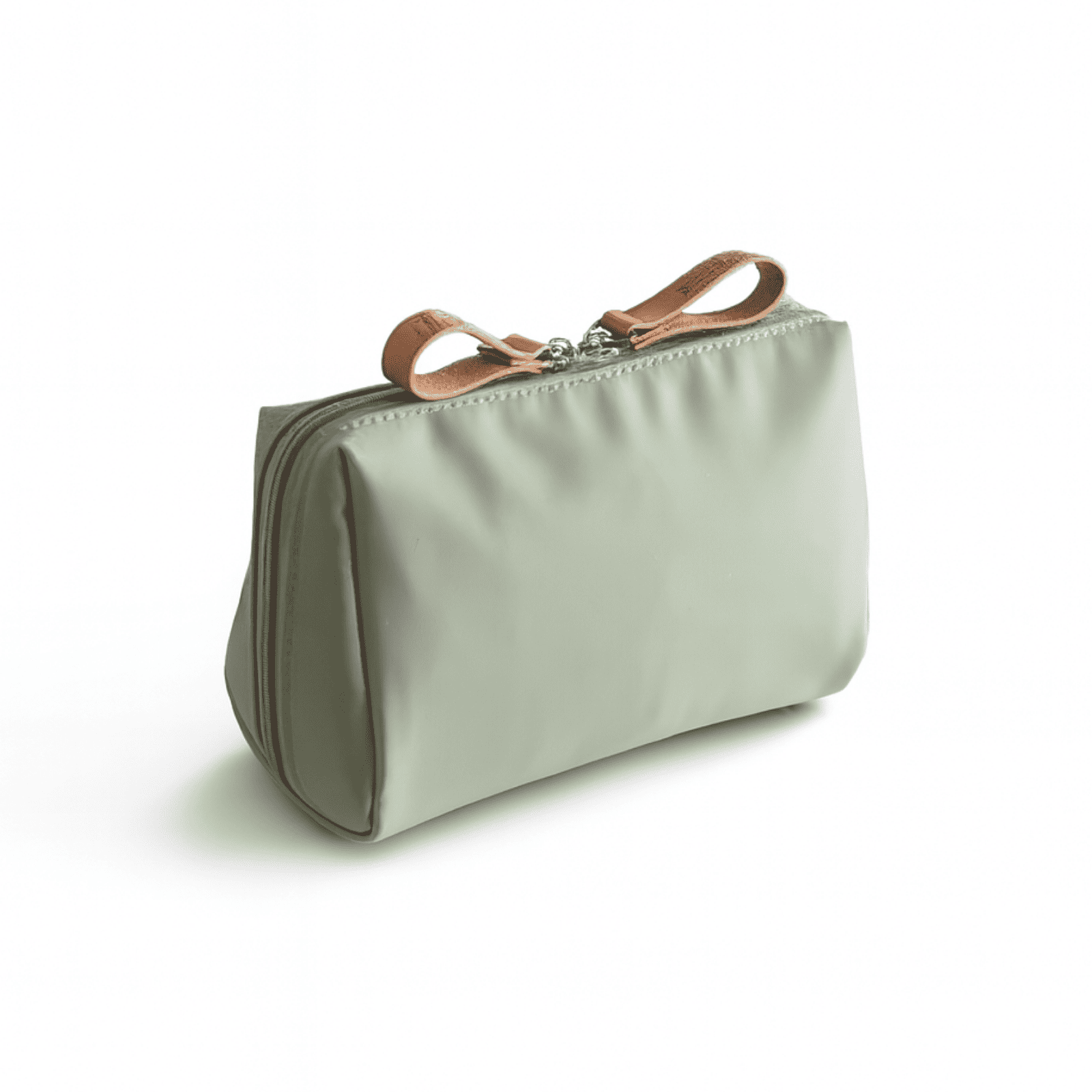 Trousse de toilette femme plate verte en nylon imperméable avec poignées marron