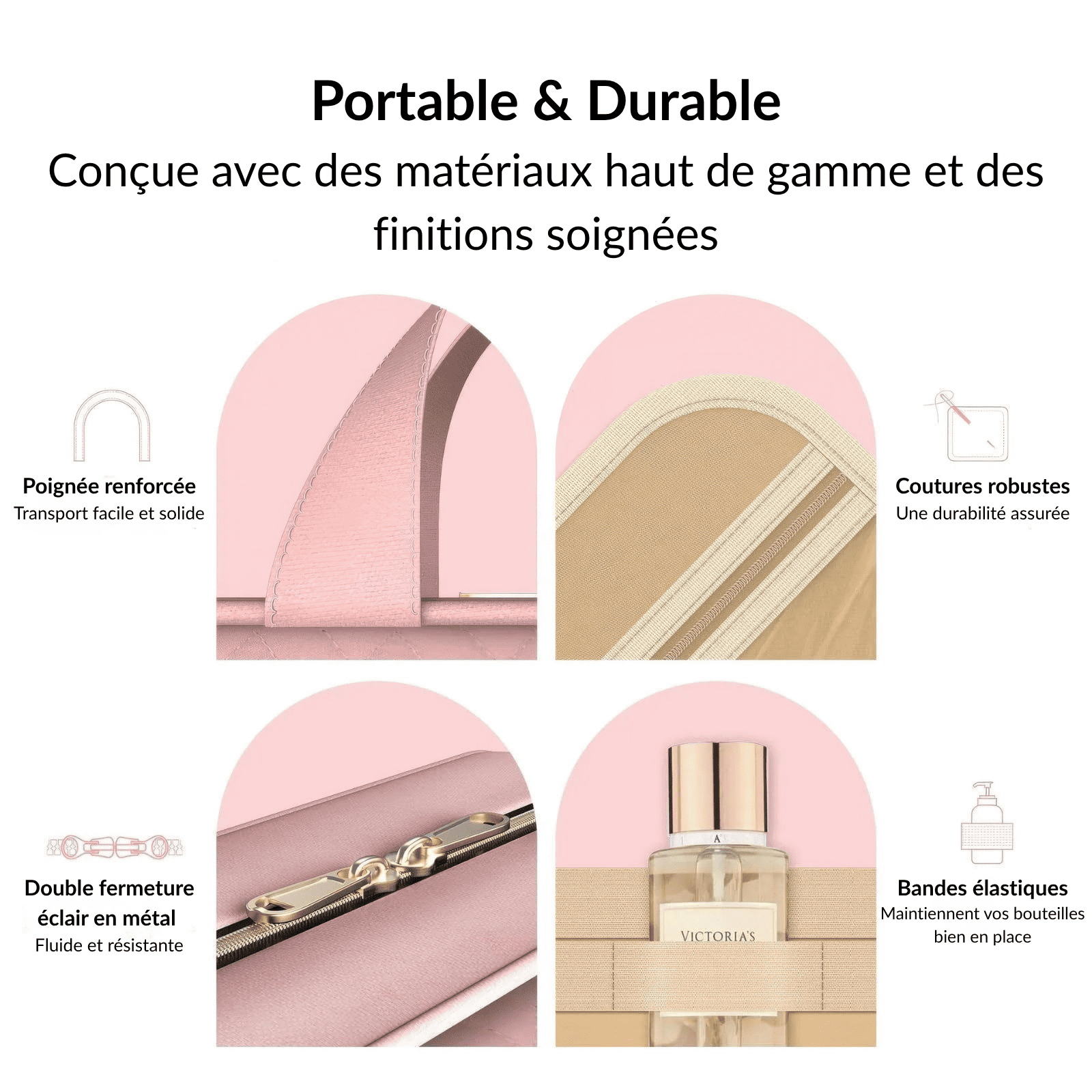 Détails trousse de toilette femme pratique rose, poignée renforcée, coutures solides, fermeture éclair et bandes élastiques pour bouteilles