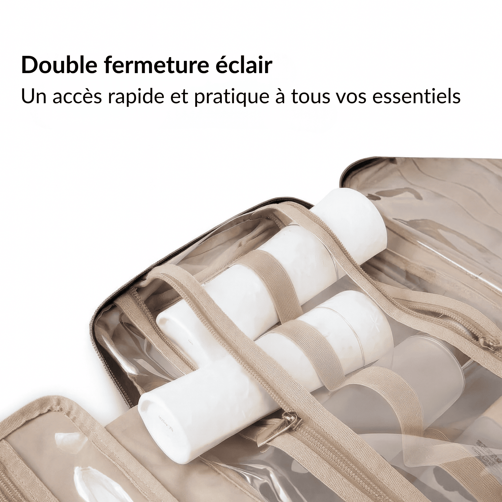 Trousse de toilette femme pratique ouverte avec double fermeture éclair et rangements pour accessoires de voyage