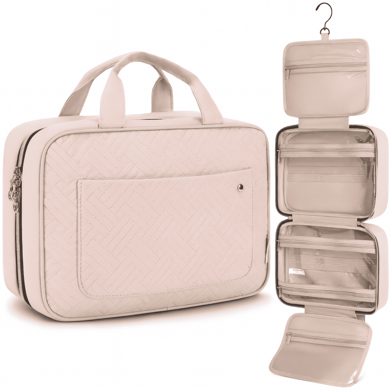 Trousse de toilette femme pratique rose avec crochet de suspension et plusieurs compartiments de rangement transparents