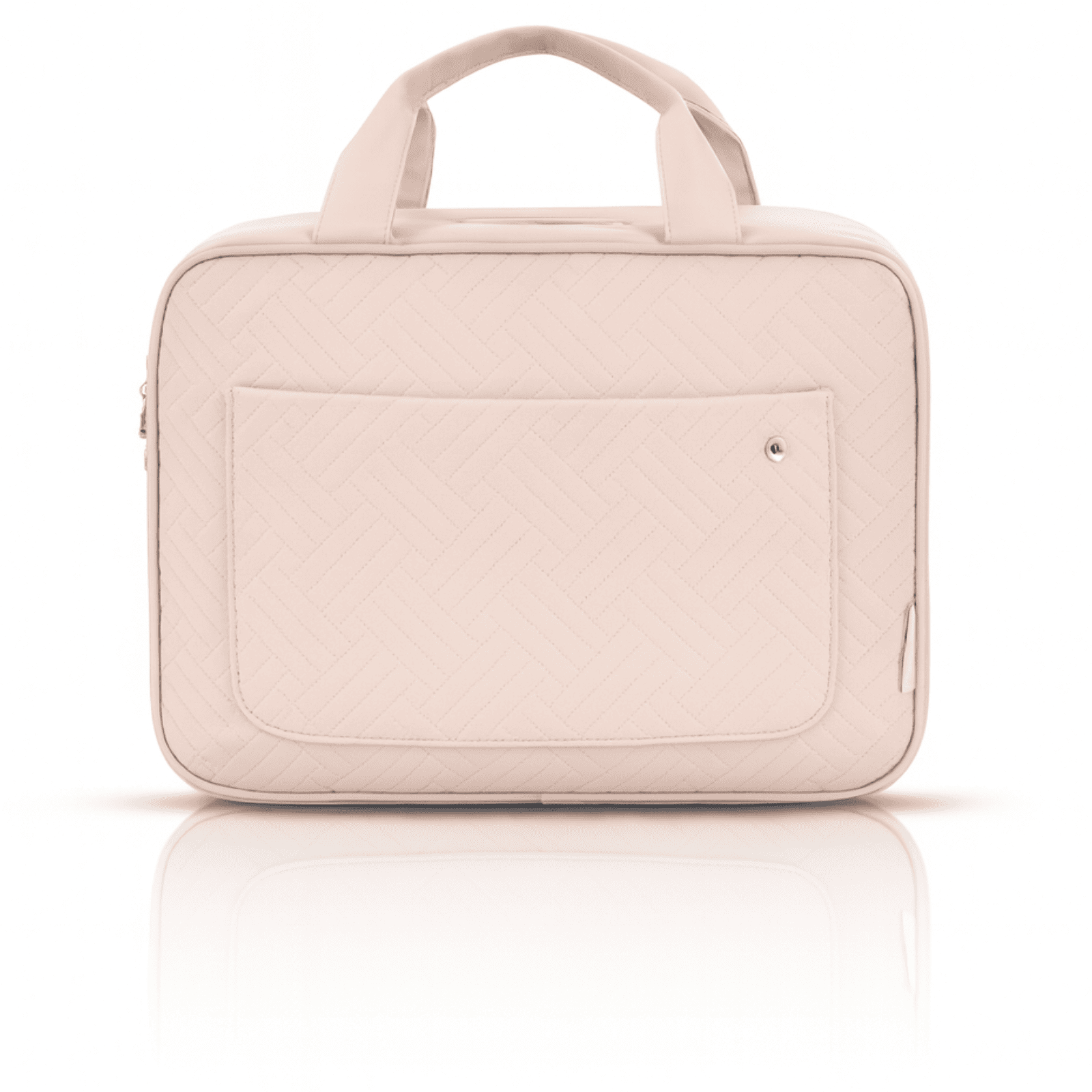 Trousse de toilette femme pratique rose vue de face, design élégant avec poche extérieure frontale