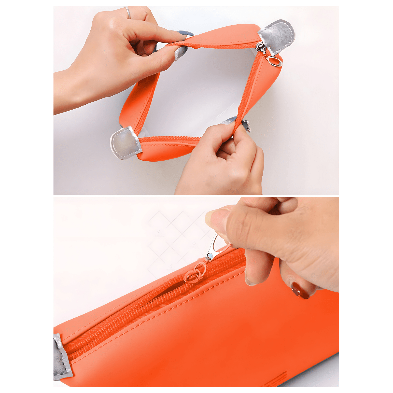 Gros plan sur la fermeture éclair d’une trousse de toilette rouge avec vue sur son ouverture.