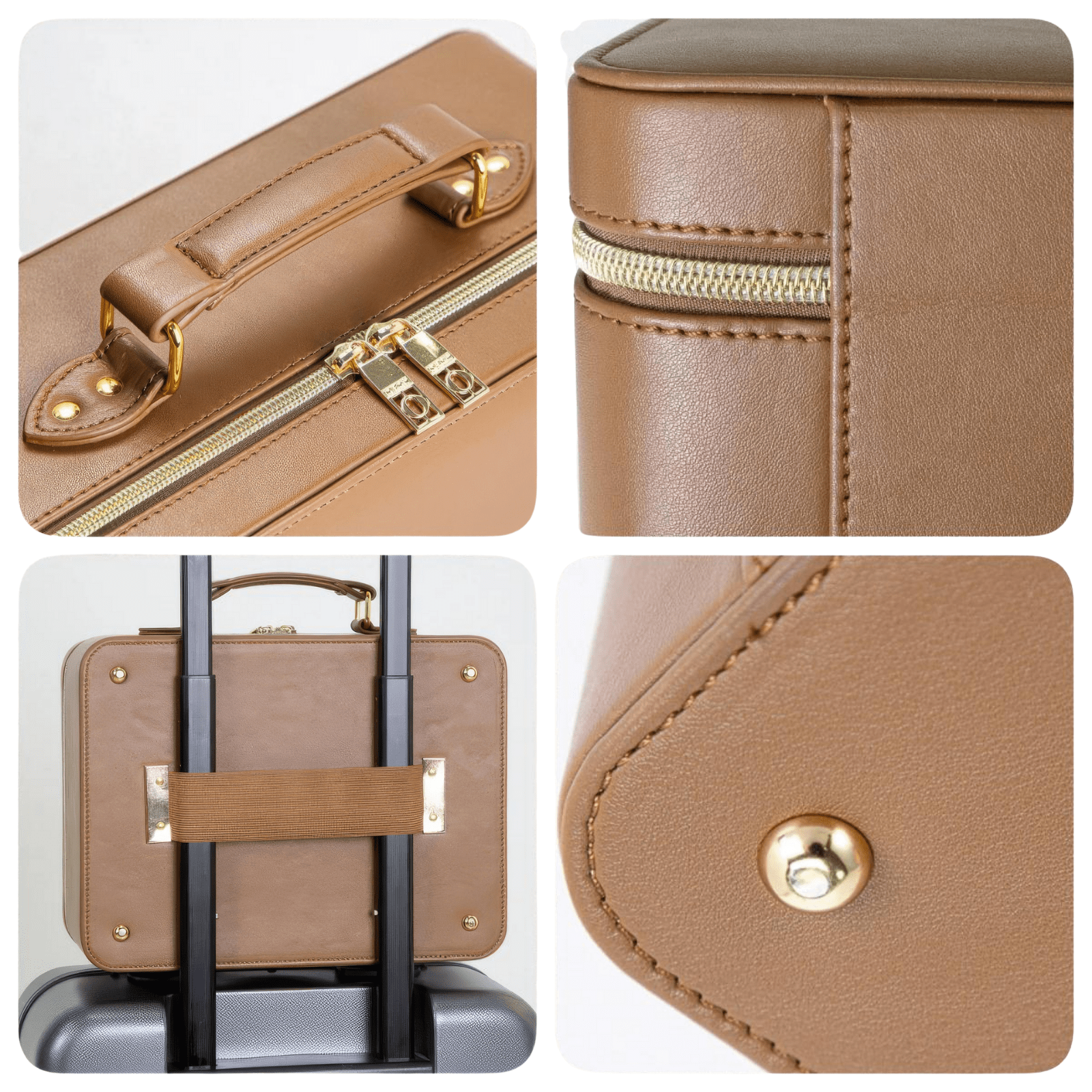 Trousse de toilette femme simili cuir marron avec coutures solides et fermeture éclair dorée