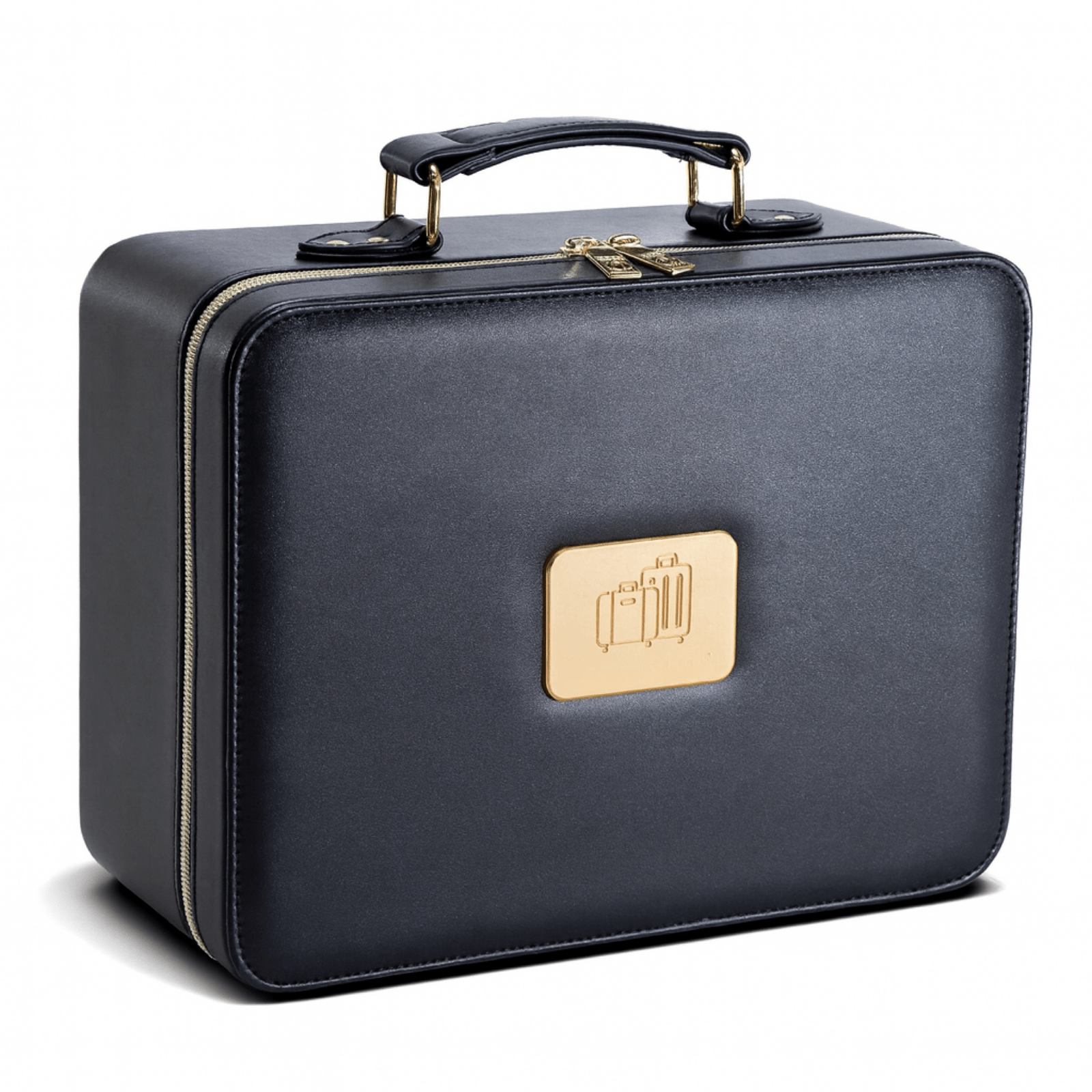 Trousse de toilette femme simili cuir noire élégante avec poignée et logo doré