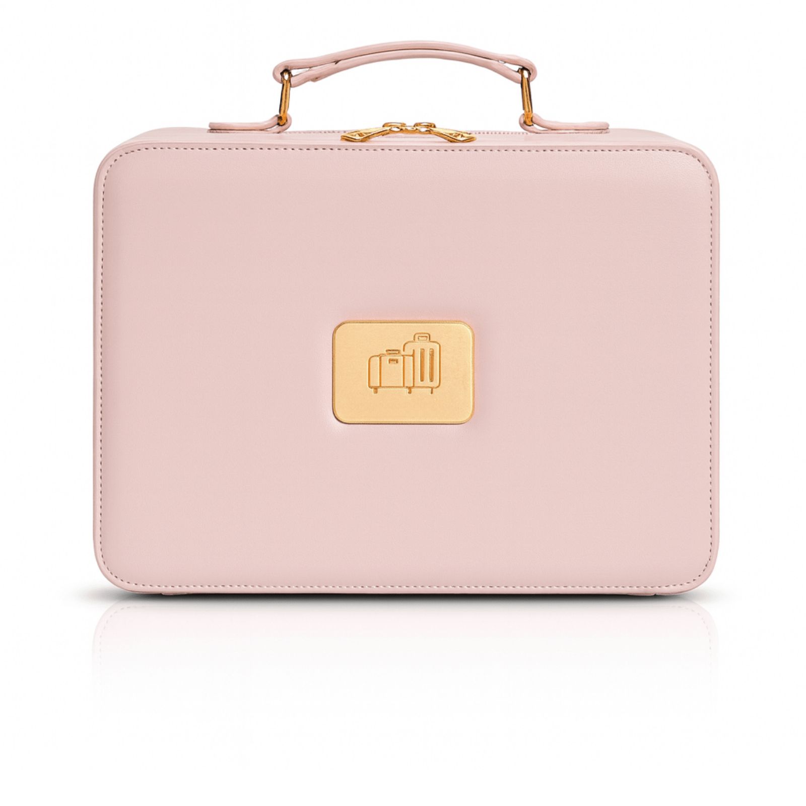 Trousse de toilette femme simili cuir rose vue de face avec logo central doré