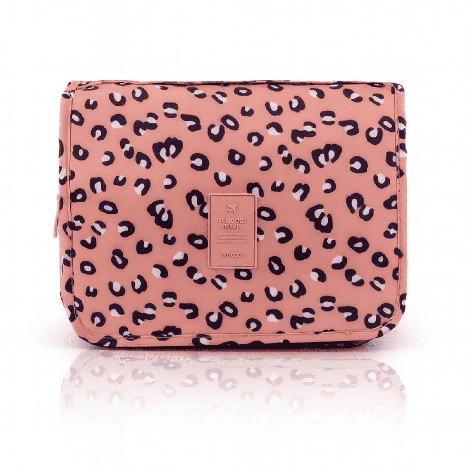 Trousse de toilette femme à suspendre rose motif léopard vue de face