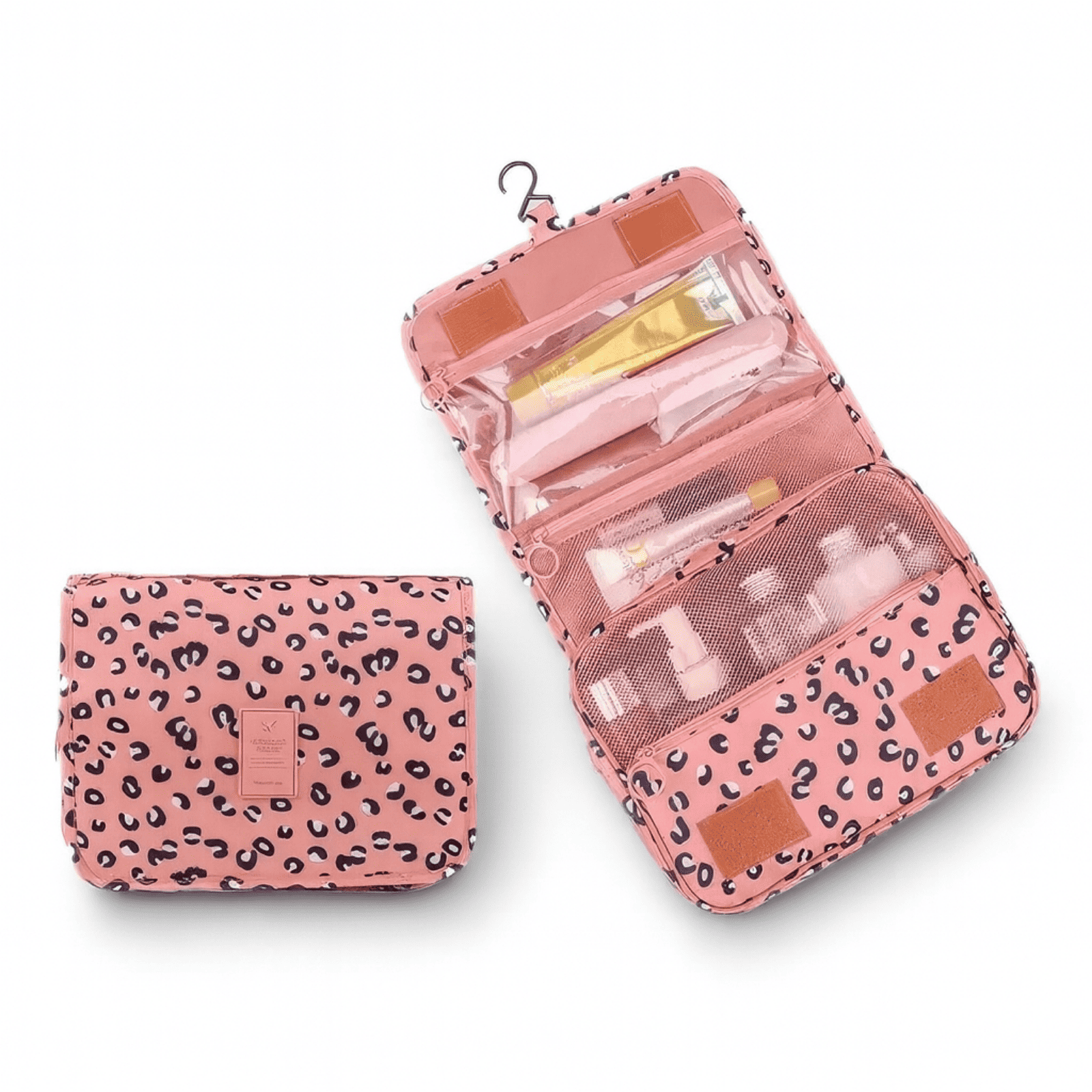 Trousse de toilette femme à suspendre rose motif léopard ouverte et fermée