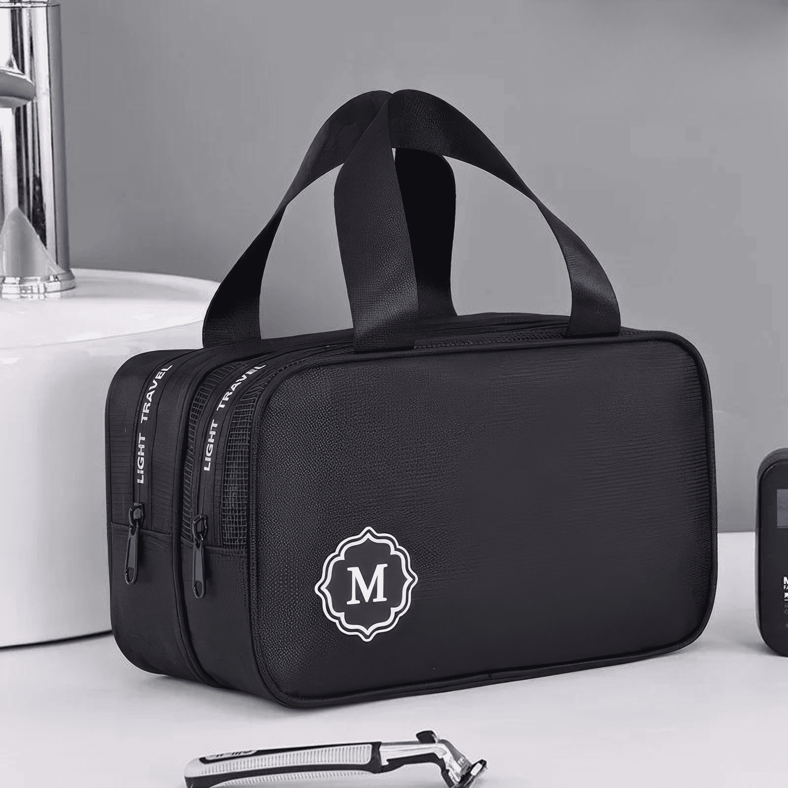 Trousse de toilette homme avec 2 compartiments noirs et poignées