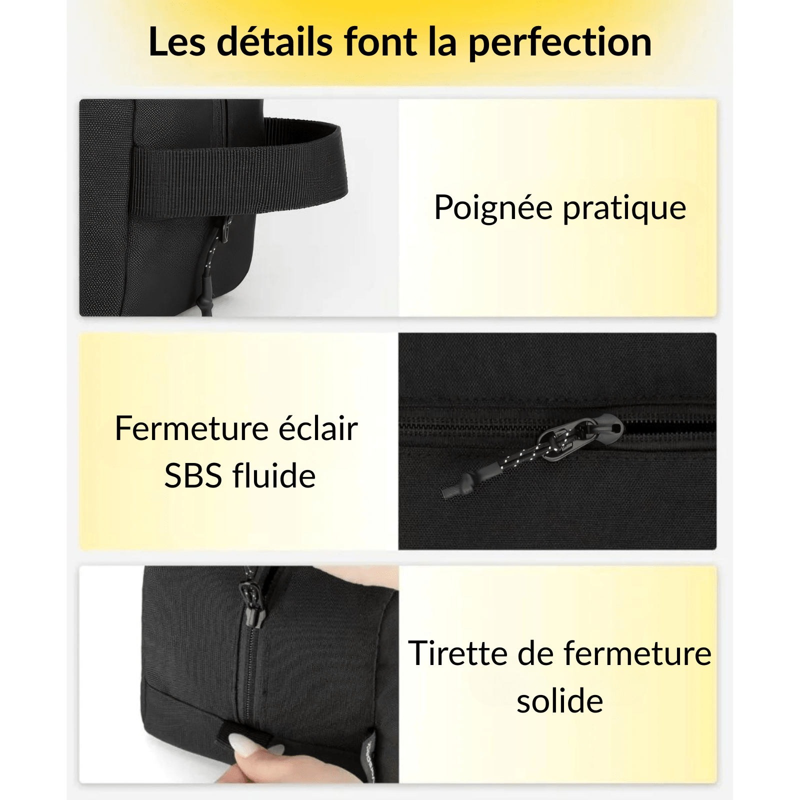 Trousse de toilette homme couture avec poignée solide, fermeture éclair SBS fluide et tirette renforcée