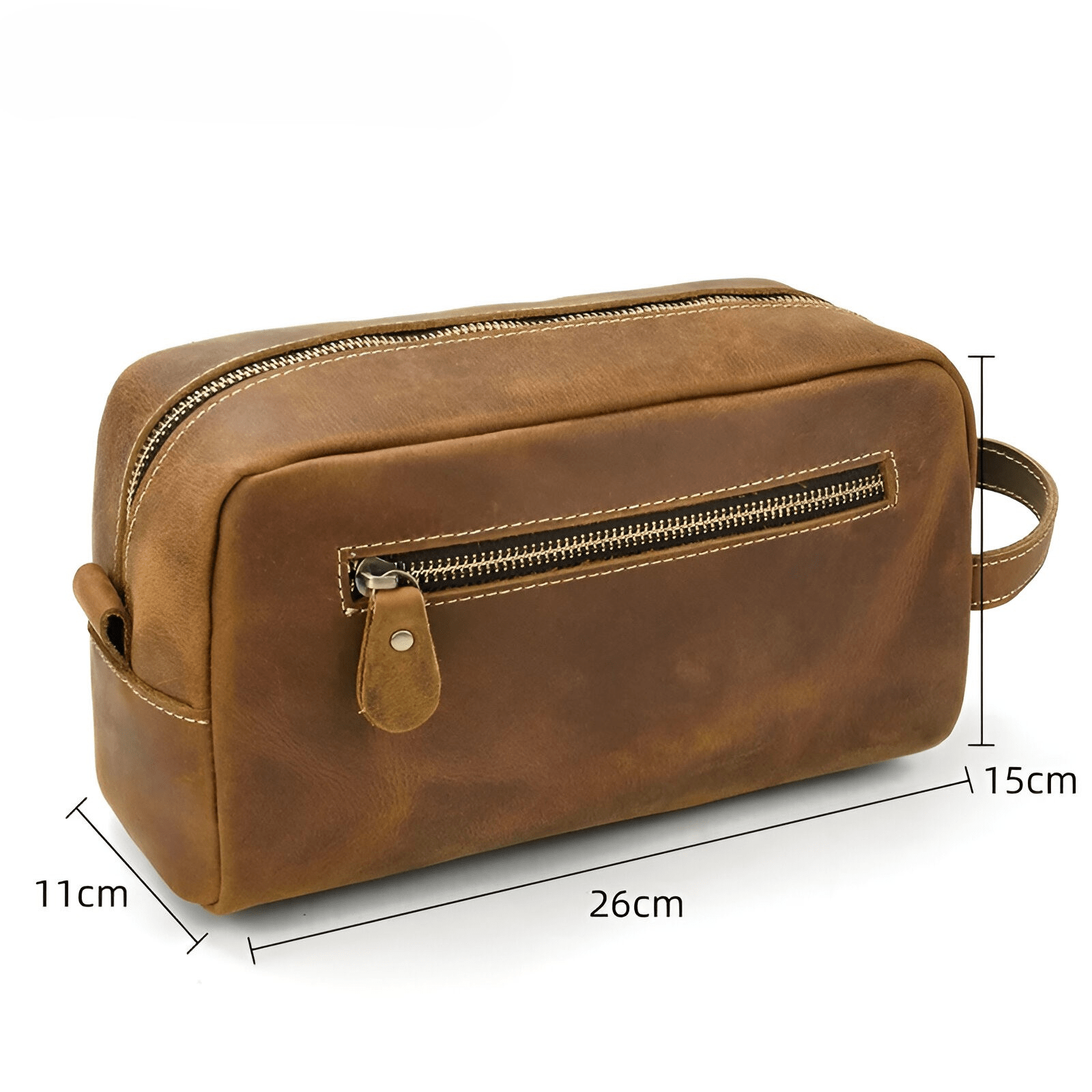 Trousse de toilette homme en cuir marron avec dimensions 26 cm de longueur, 15 cm de hauteur et 11 cm de largeur