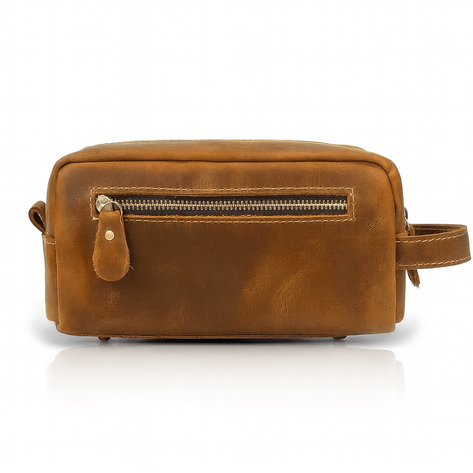 Trousse de toilette homme cuir marron vintage avec poche zippée avant