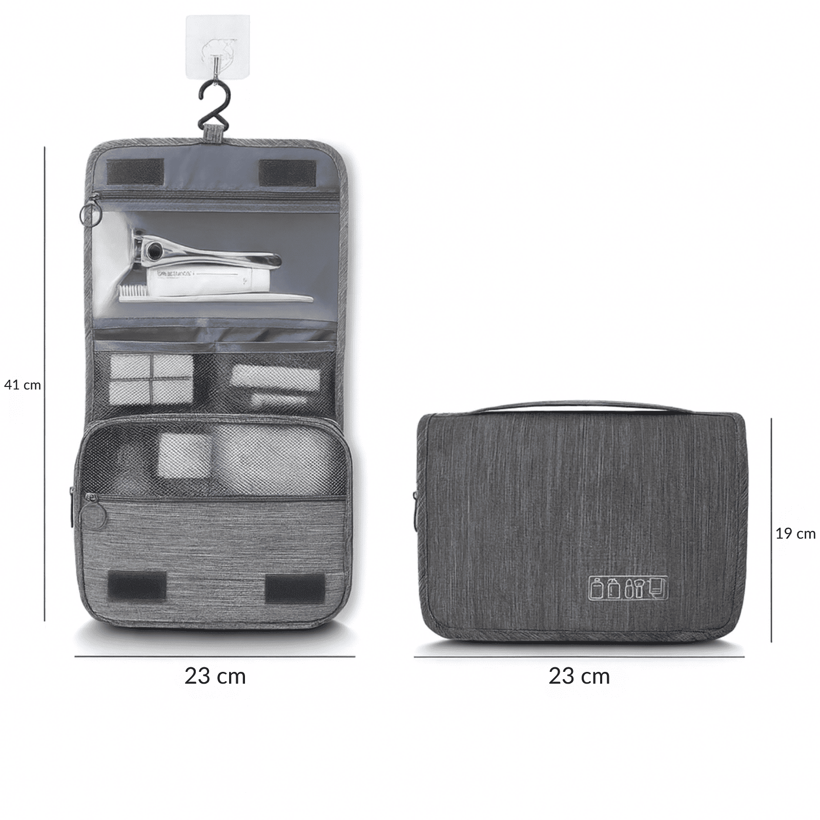Trousse de toilette homme dépliante grise ouverte, avec crochets et poches en maille, dimensions 23 x 19 cm fermée et 41 cm ouverte.