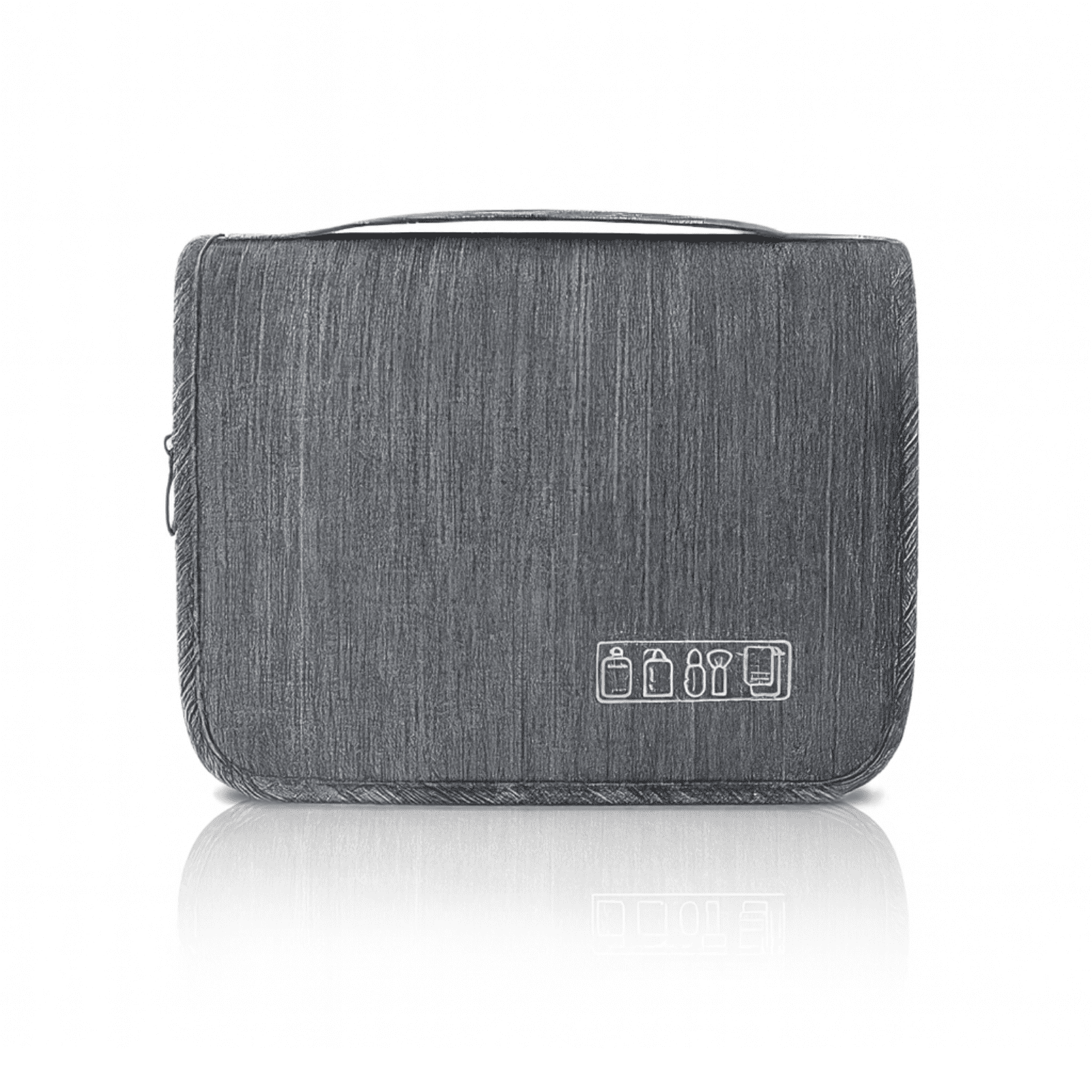 Trousse de toilette homme dépliante grise, design moderne et sobre avec fermeture zippée et pictogrammes imprimés.