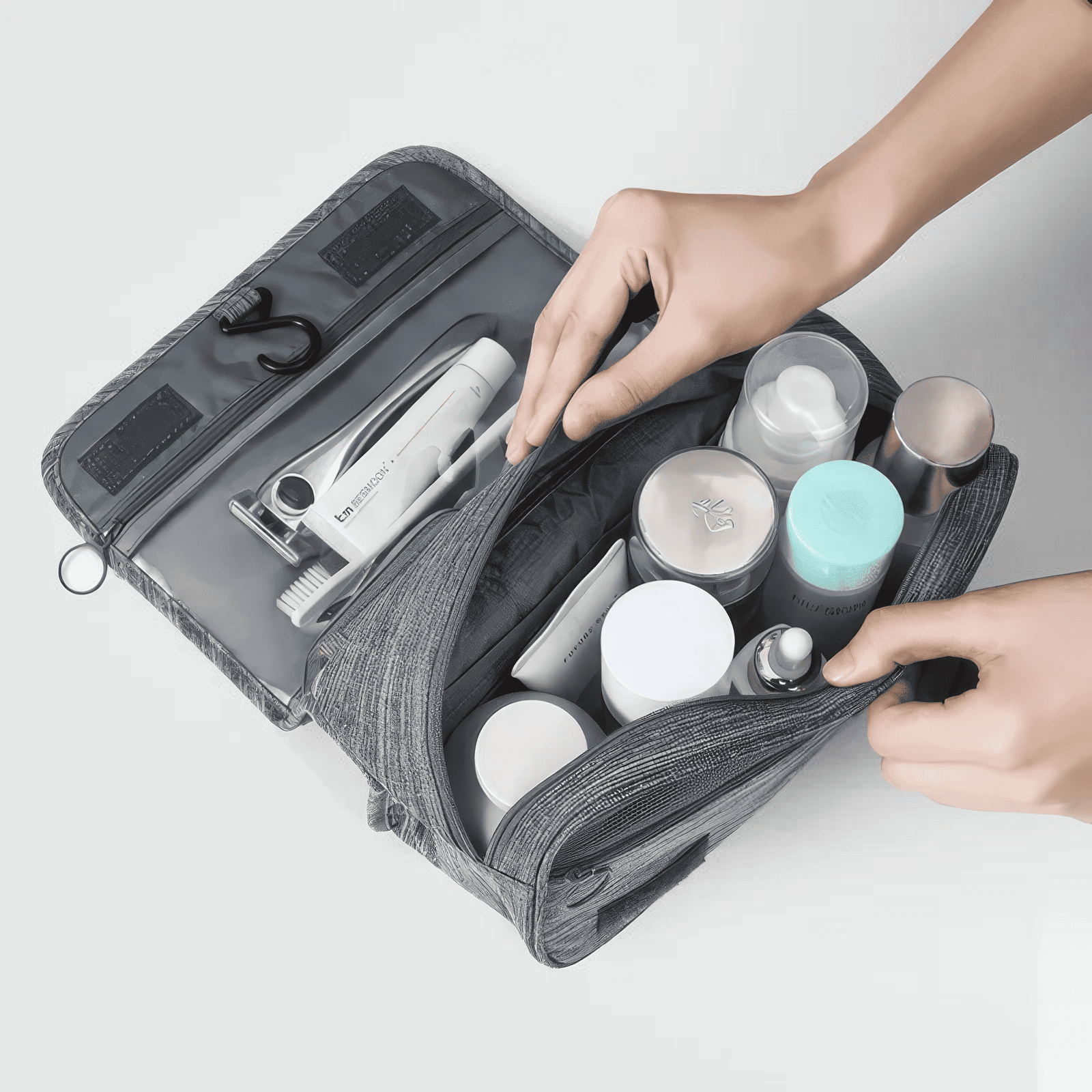 Trousse de toilette homme dépliante avec poches de rangement intérieures et compartiments pour accessoires, parfaite pour les voyages et le quotidien.