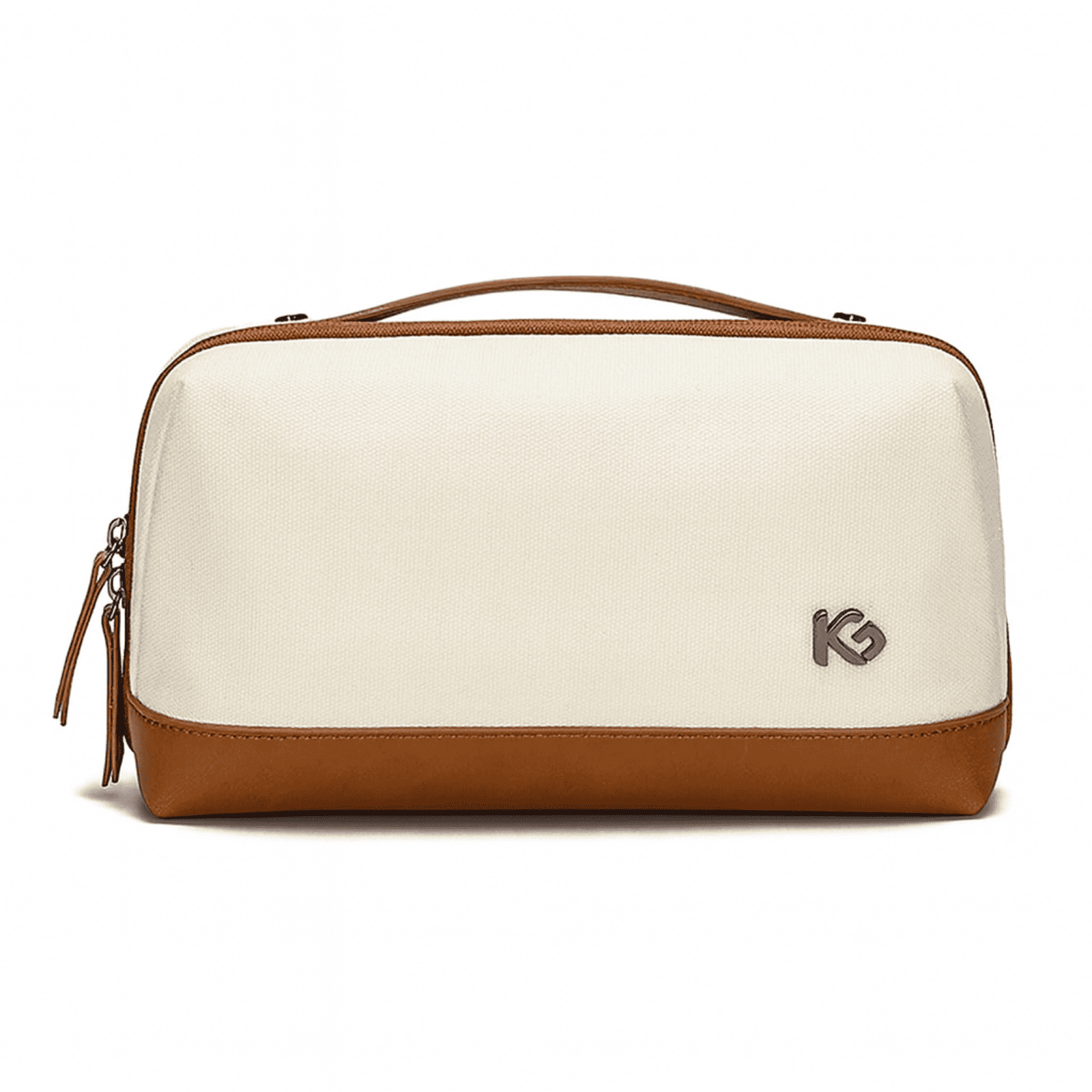 Trousse de toilette homme moderne blanche avec finitions marron et poignée robuste