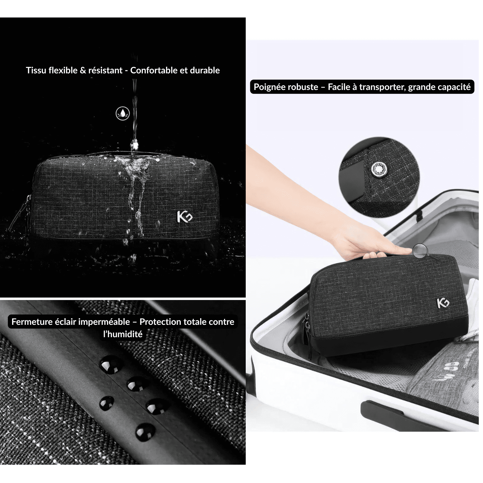 Trousse de toilette homme moderne avec fermeture éclair imperméable, poignée robuste et grande capacité